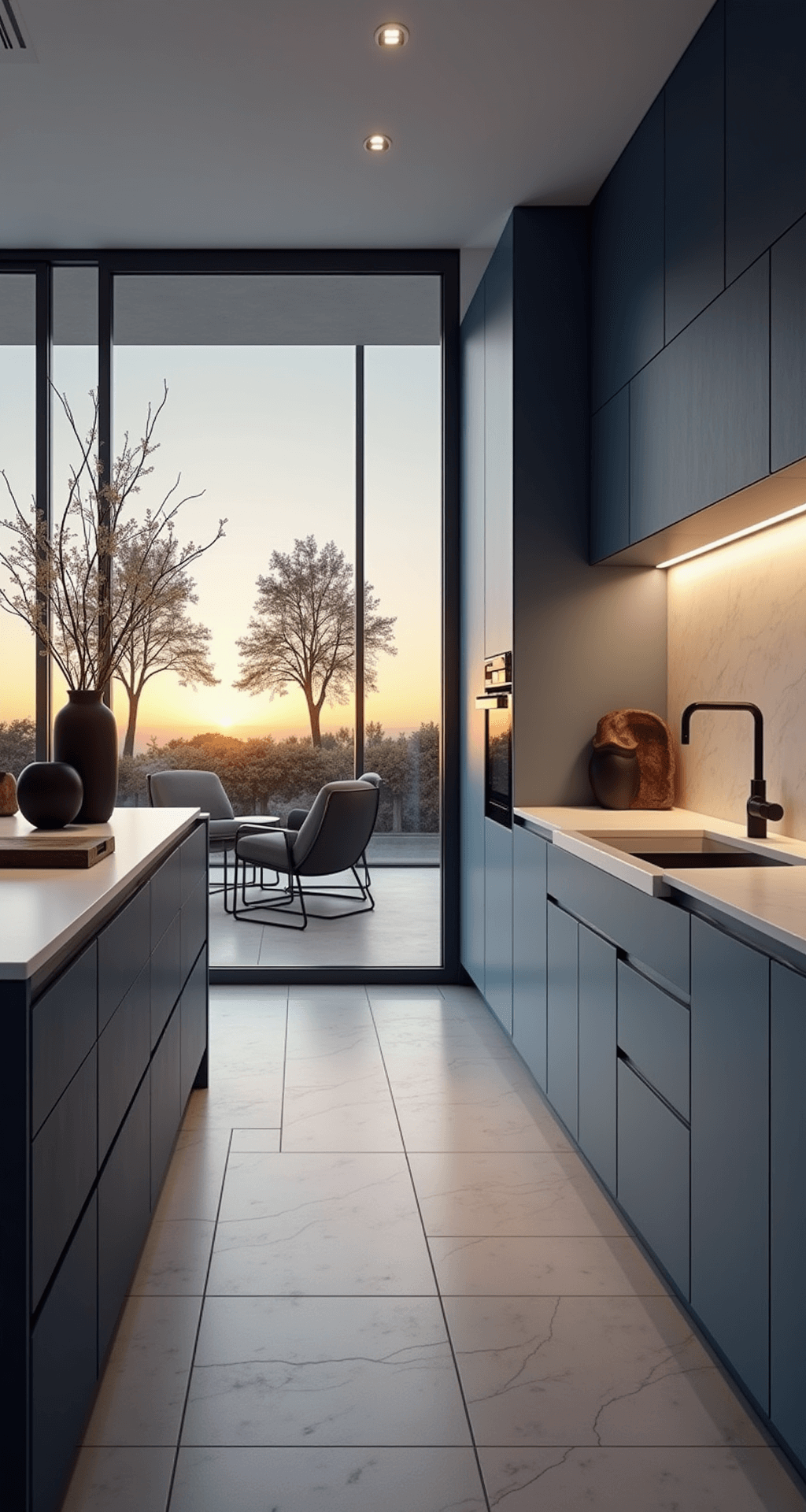 A contemporary open-concept kitchen at sunset, featuring gradient blue cabinets, a pure white waterfall quartz island, and floor-to-ceiling windows with black frames, showcasing a wide view of the living space with silhouettes enhanced by dramatic backlighting, and styled with black matte accessories and modern art.