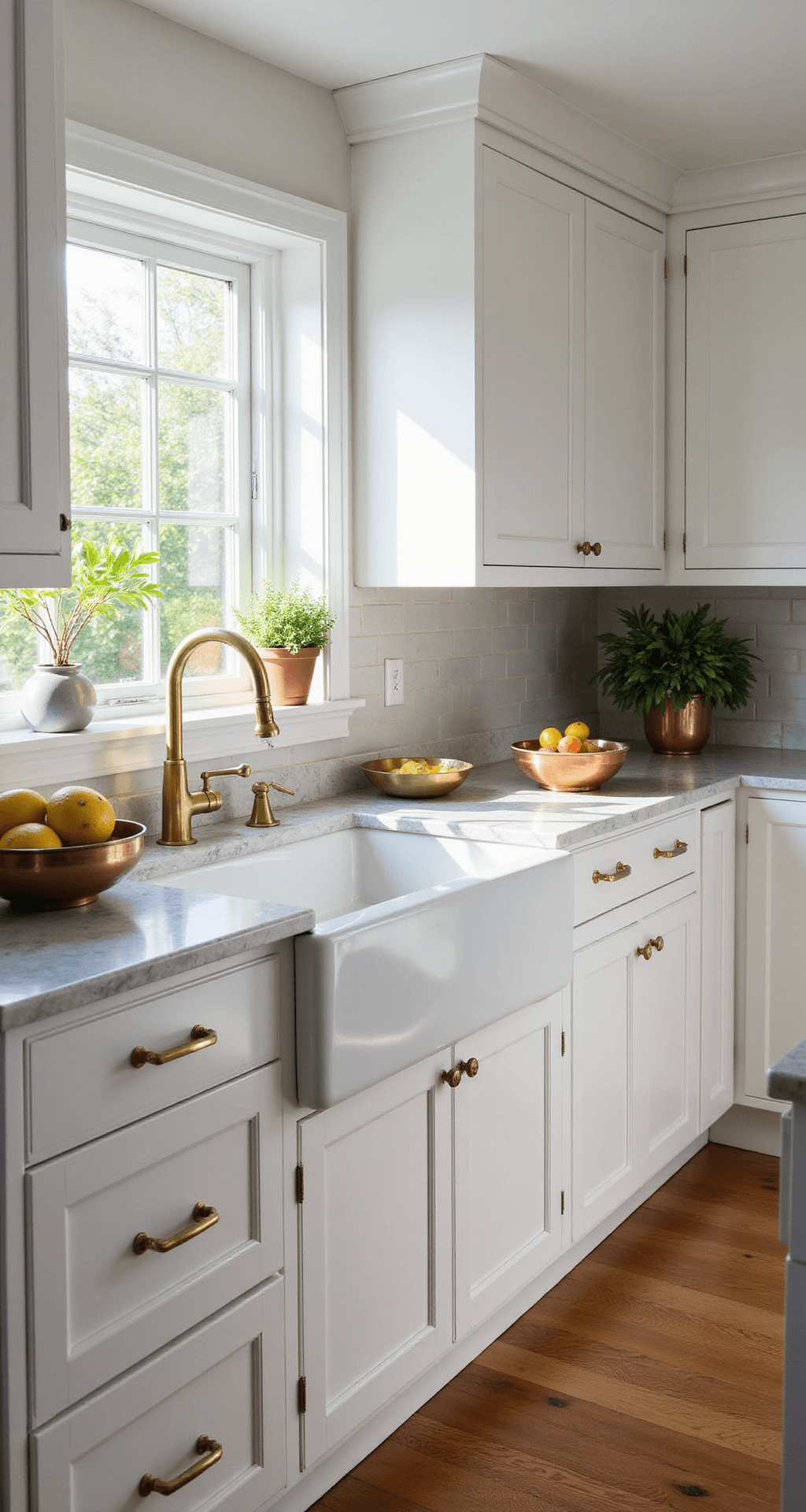 Bright, airy kitchen with classic white Shaker cabinets, marble countertops, and modern brass hardware. Morning sunlight casts dramatic shadows through a large window above the sink. The scene features artisanal ceramics, fresh herbs in copper pots, and a fruit bowl, all styled in warm whites and brass accents. A wide-angle shot captures the entire space from a corner perspective.