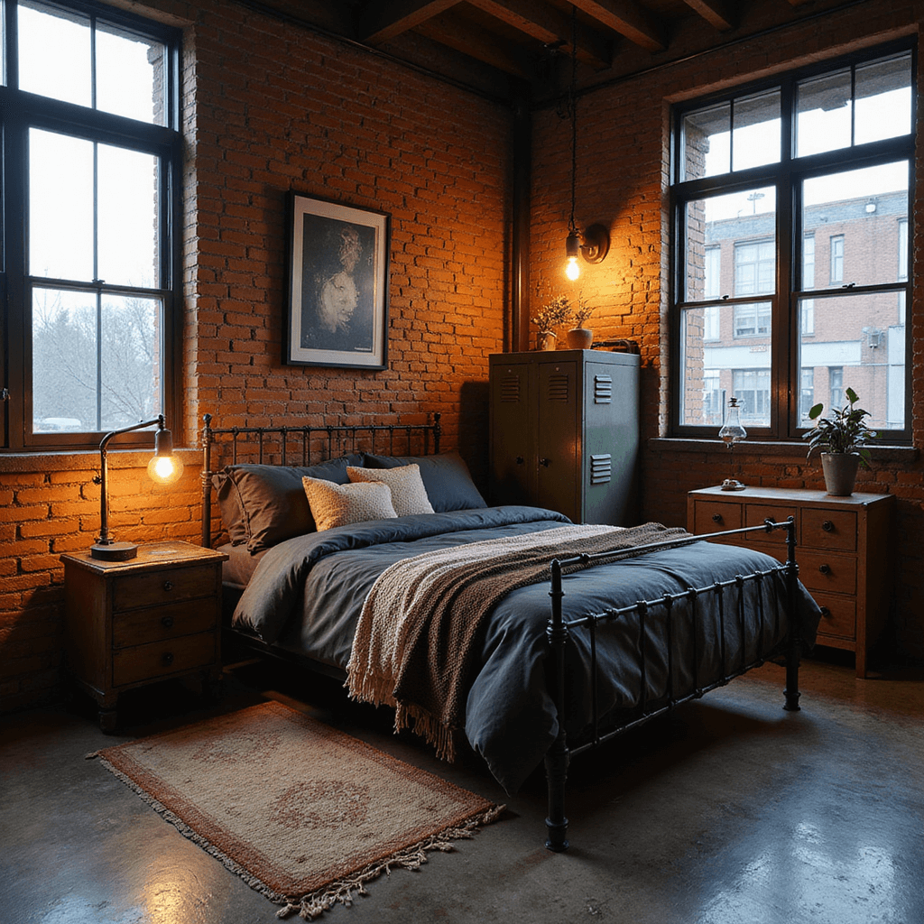 Industrial vintage bedroom at dusk featuring a restored cast iron bed with charcoal linen and army blankets, factory cart bedside table with Edison lamp, salvaged locker unit, and exposed brick walls and steel windows, all highlighted by dramatic side lighting and rich textures in aged colors.