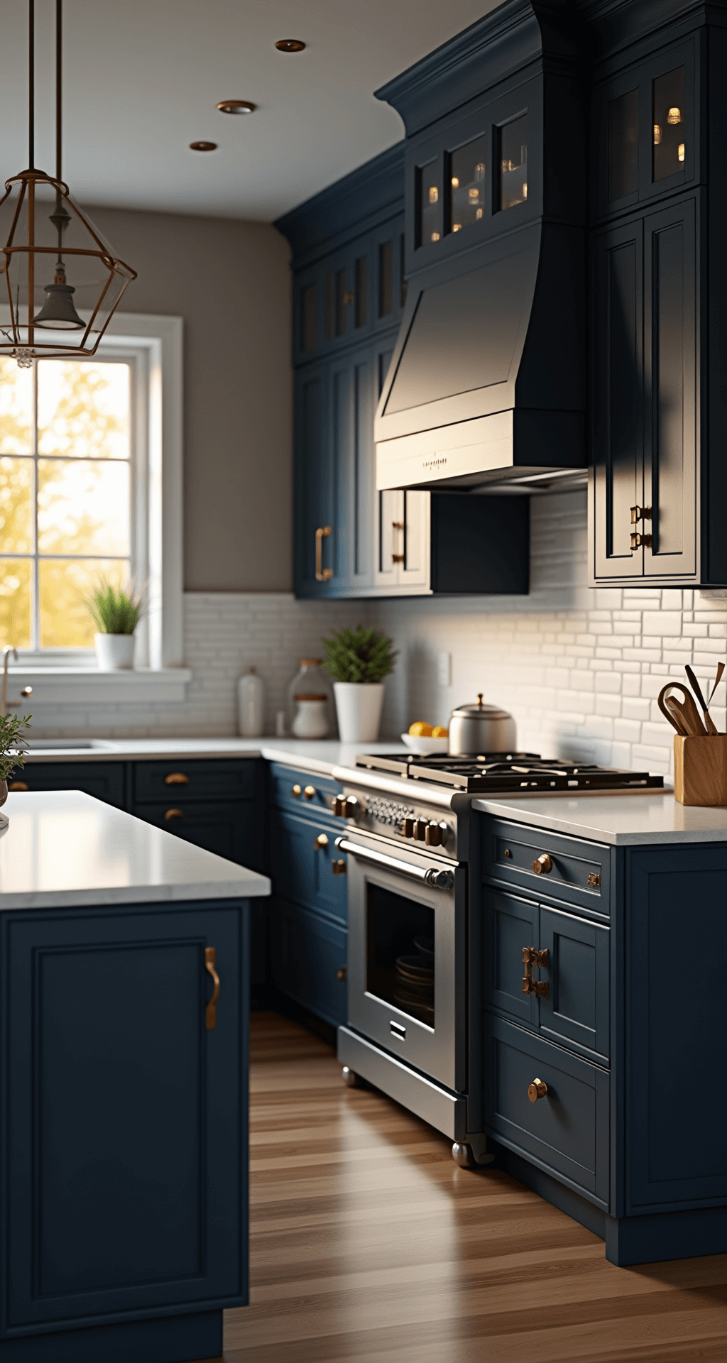 Moody evening kitchen featuring navy blue cabinets and quartz countertops, illuminated by warm golden hour light from west-facing windows. The dramatic island with a waterfall edge is highlighted, with a low camera angle showcasing cabinet details, white ceramics, and glass canisters, complemented by industrial pendant lighting.