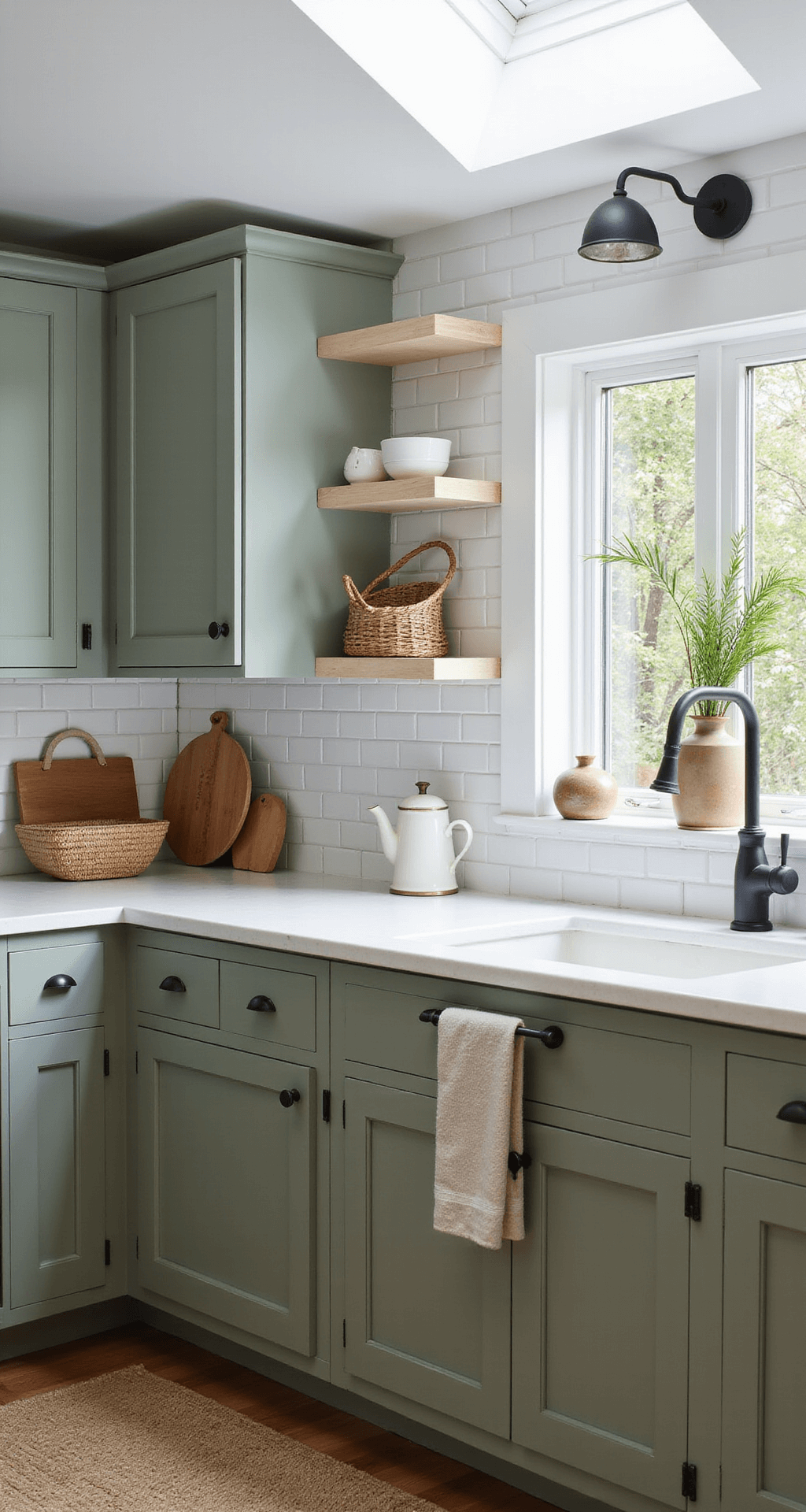 Intimate morning scene of a sage green kitchen with diffused natural light from a skylight, featuring matte black hardware, vintage copper accessories, and textural elements like woven baskets and linen tea towels.