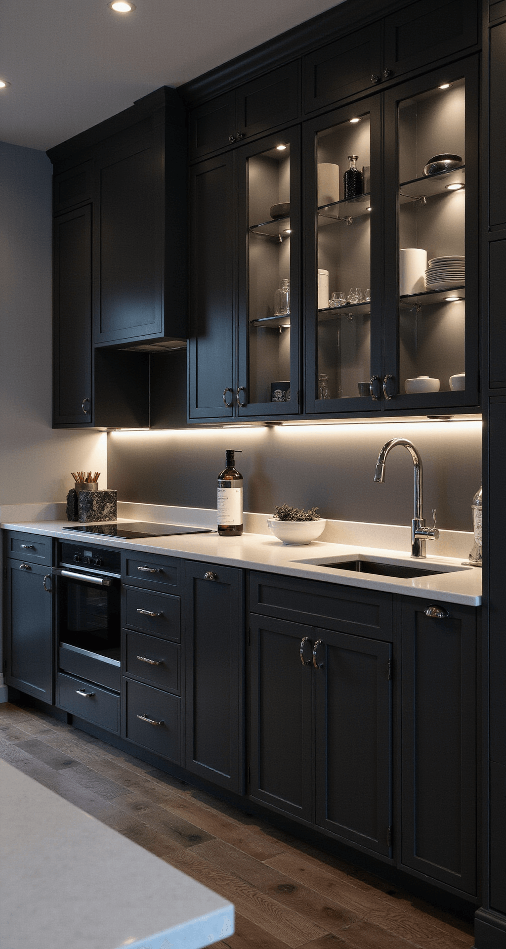 A dramatic dusk view of a modern kitchen featuring charcoal grey cabinets, atmospheric under-cabinet lighting, polished chrome hardware, and minimalist black and white accessories, all captured from a slight downward angle. Glass-front cabinets are backlit to highlight their contents, creating a striking interplay of light and shadow against the color scheme of deep charcoal and bright whites.