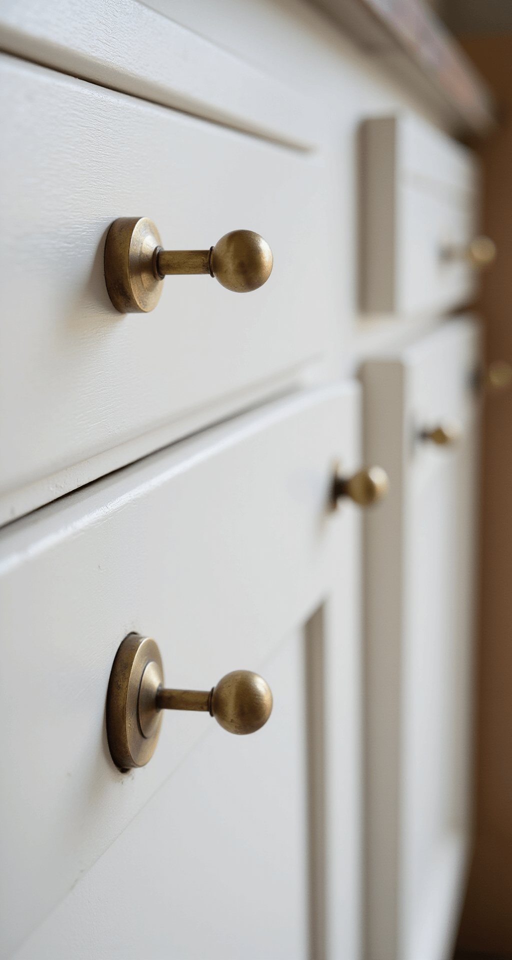 Close-up of newly installed brass cabinet pulls on a freshly painted white cabinet, highlighting the texture and finish with soft natural lighting and a blurred background showcasing wood grain and cabinet details.
