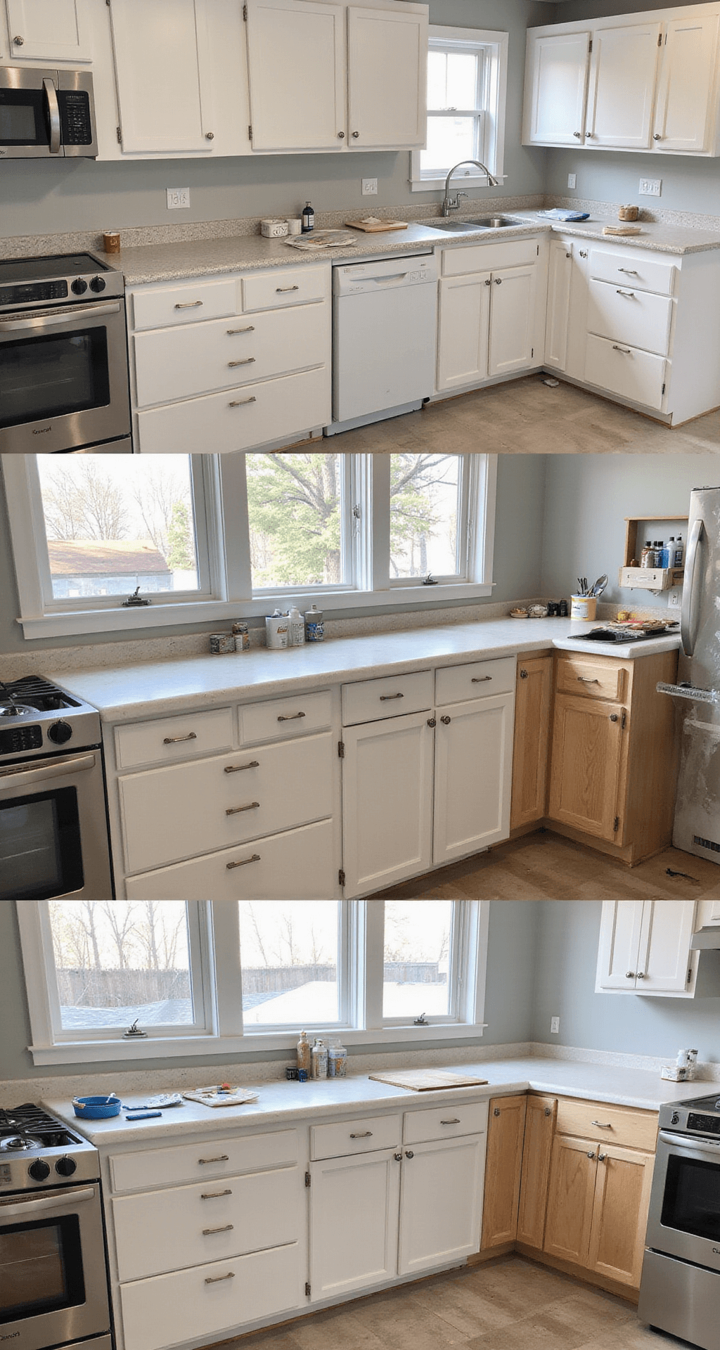 A wide kitchen scene showing a cabinet painting process, with removed cabinet doors arranged for painting under even northern light. The workspace captures various stages from prep to finish, with paint supplies artfully displayed, featuring a color palette of primer white, final paint samples, and raw wood tones. The documentary-style image is taken from standing height, emphasizing technical details of the painting technique.