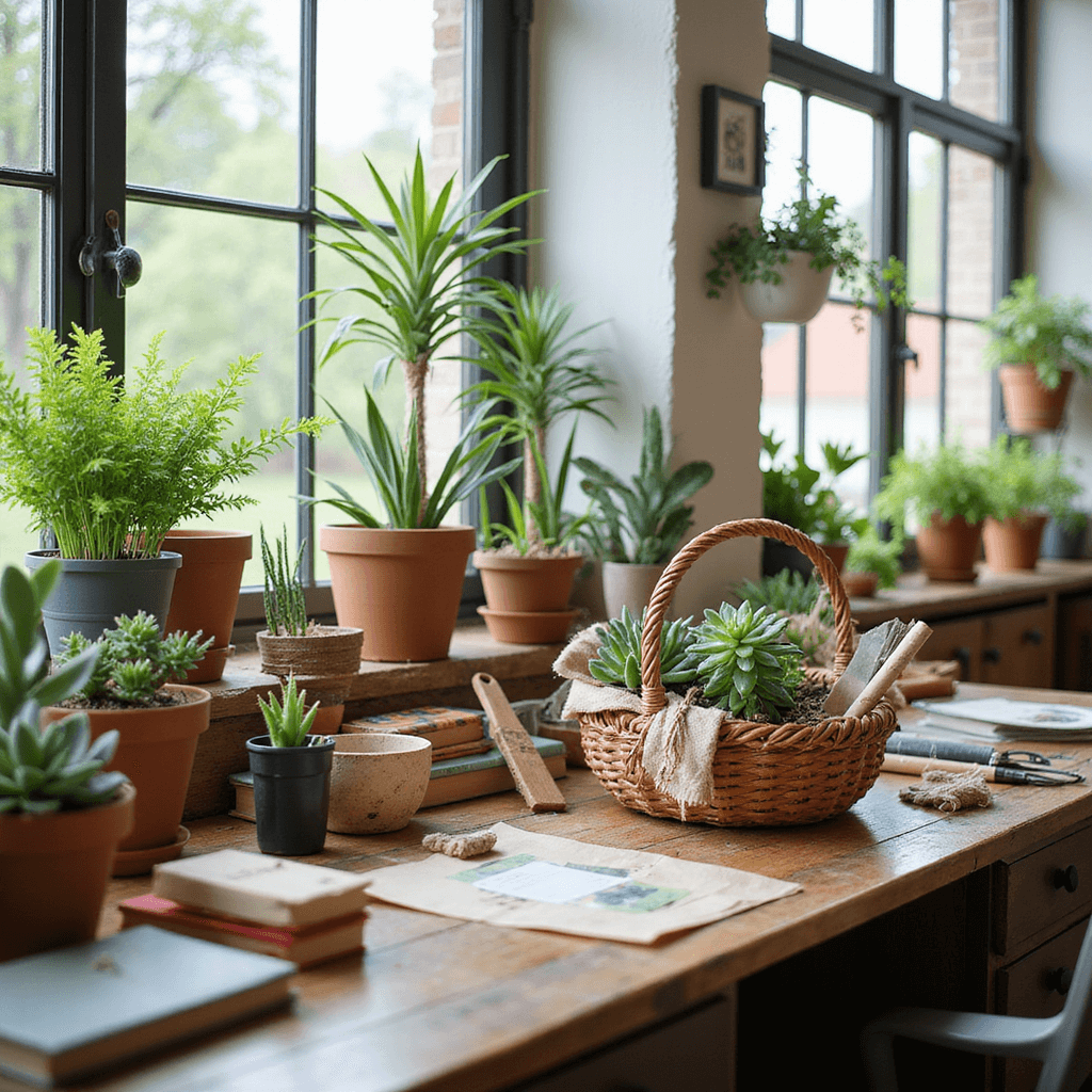 A bright, airy home office with large windows, featuring a rustic wooden desk adorned with gardening supplies, terracotta pots, heirloom seed packets, and tools. A collection of succulents adds greenery, while a woven basket in the center is being filled with these items, accented by twine and kraft paper, all set in a color scheme of earthy tones and fresh greens.