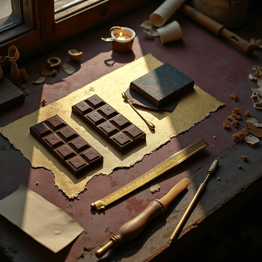 A cozy tabletop scene from a bird's eye view, featuring a weathered wooden workbench with stages of chocolate bar wrapping in progress, illuminated by warm afternoon light and softbox lighting. The rich brown chocolate bars contrast with premium gold foil and artisanal marbled paper, while antique brass tools and scattered craft materials enhance the artistic and precise atmosphere.