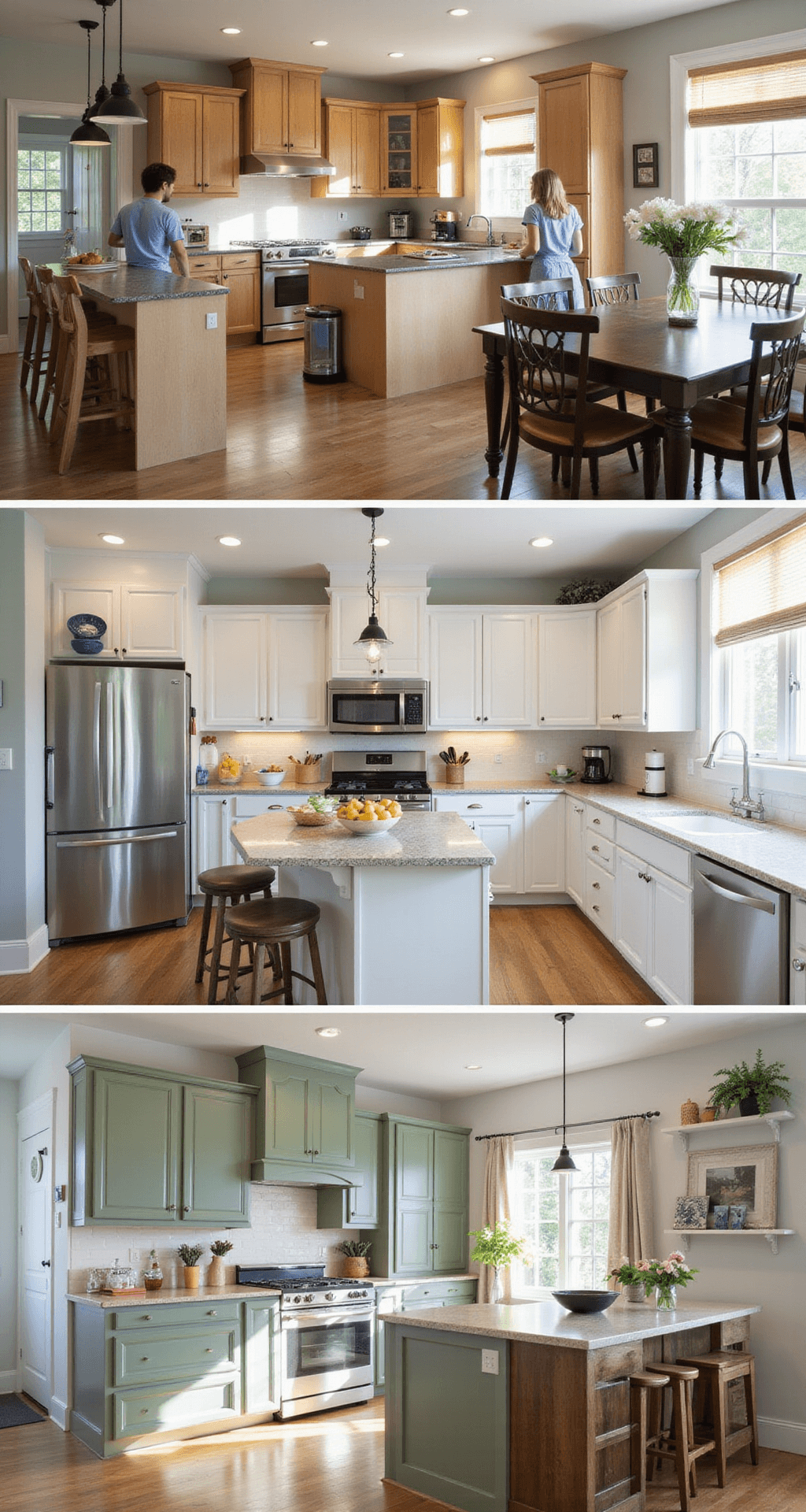 A split-image comparison of a transformed kitchen scene, featuring a family interacting in a bright, modern space with a natural color palette, showcasing complete cabinet details, active cooking elements, fresh flowers, and a cookbook display, captured in early afternoon light at eye level with deep depth of field.