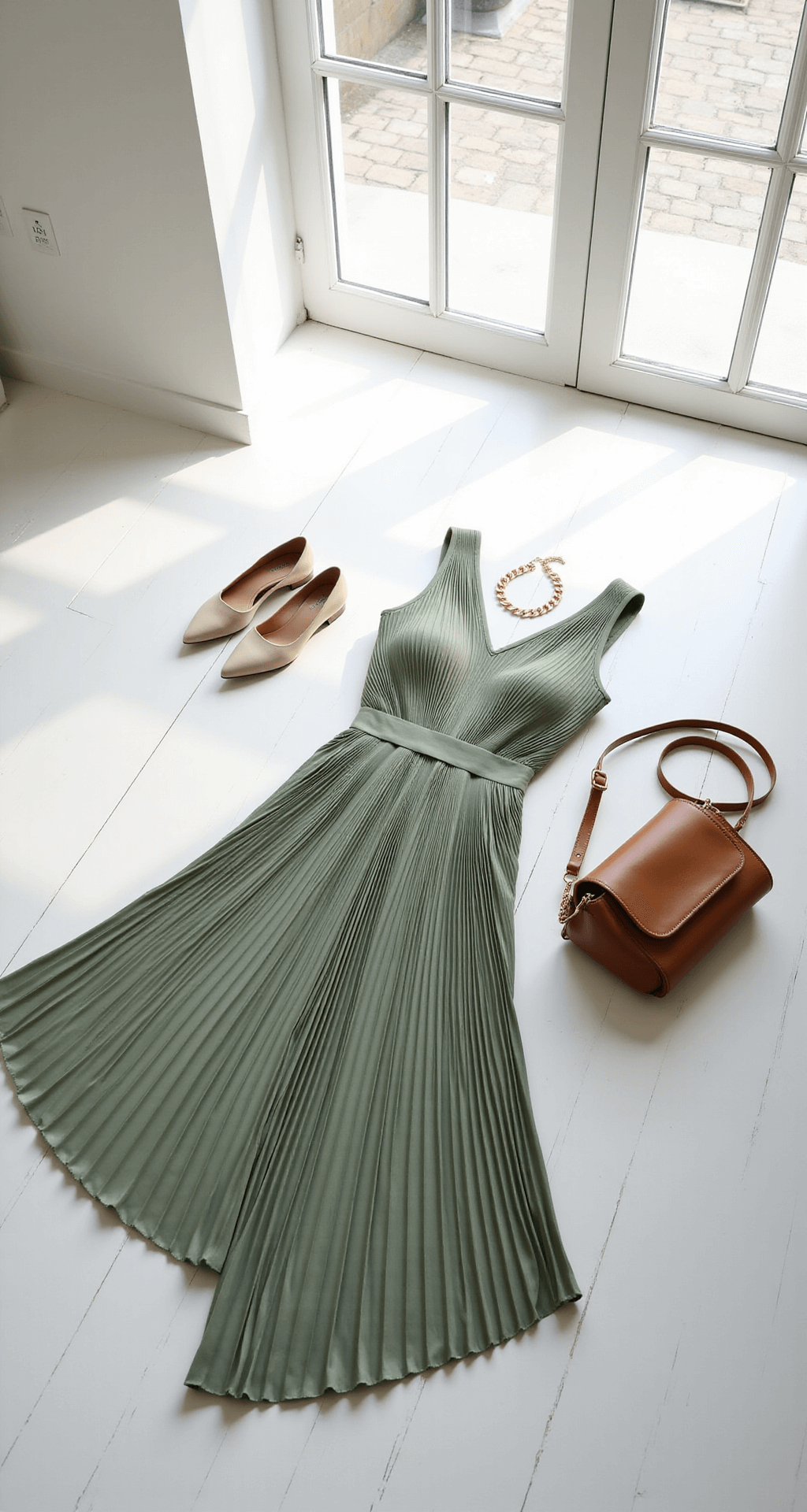 A minimalist white studio with floor-to-ceiling windows features morning light illuminating a sage green asymmetrical pleated dress on white oak flooring, styled with gold accessories, a camel leather handbag, and cream pointed mules, highlighting fabric texture and pleating details.