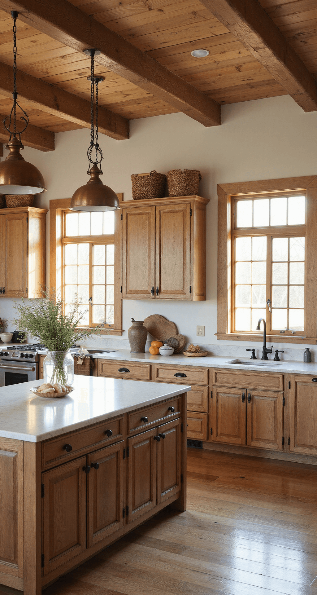 White Oak Kitchen Cabinets: Transform Your Kitchen with Timeless Elegance and Durability A spacious 18x22ft rustic farmhouse kitchen featuring exposed wooden beams and quartersawn white oak cabinets with vintage copper handles, illuminated by golden hour light filtering through farmhouse windows. A reclaimed wood island with a marble top is central to the room, styled with vintage ceramics, dried herbs, and woven baskets, all set in a warm palette of honey oak, aged copper, cream, and weathered grays.