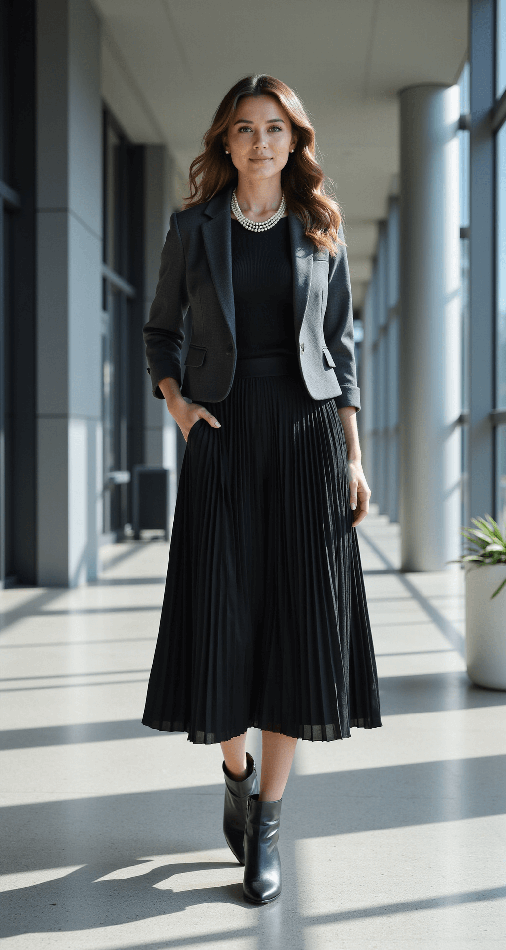 A professional woman in a black pleated dress with a side slit and a charcoal grey structured blazer stands in a modern corporate office lobby, showcasing a statement pearl necklace and elegant pointed boots. Natural light streams through large windows, casting dramatic shadows on her outfit.