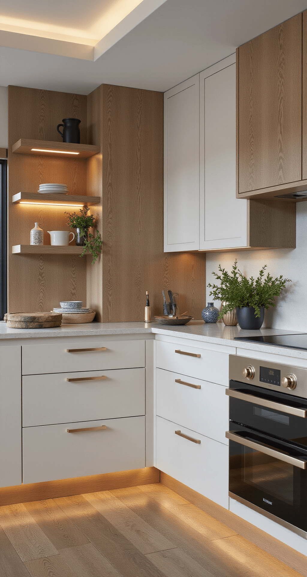 White Oak Kitchen Cabinets: Transform Your Kitchen with Timeless Elegance and Durability A contemporary L-shaped kitchen featuring mixed rift-cut and bespoke white oak cabinets with brushed brass pulls, ambient LED underlighting, and floating shelves displaying ceramics, styled with geometric vases and modernist cookware against a palette of blonde oak, warm brass, charcoal, and white.