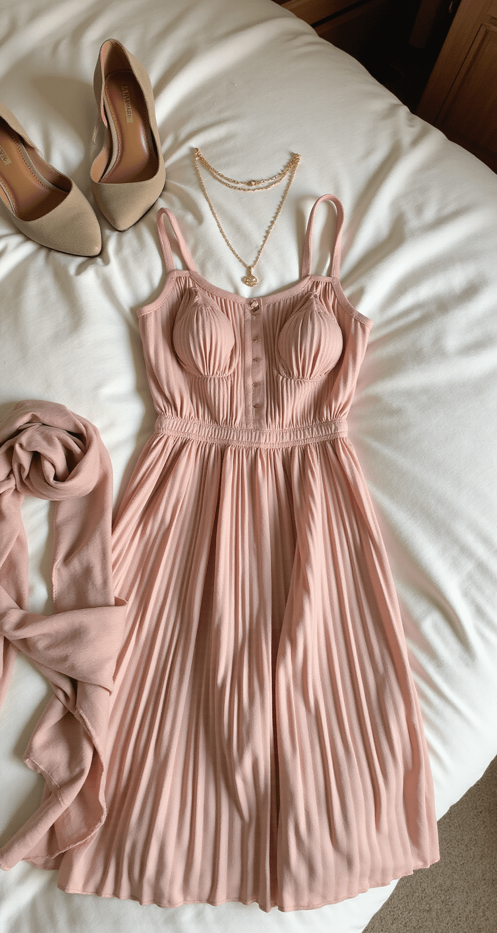 Luxurious hotel suite featuring a blush pink cotton-blend pleated dress laid on plush cream bedding, accompanied by delicate gold jewelry, nude suede pumps, and a silk scarf, captured in soft afternoon light with close-up details emphasizing the fabric quality and pleat construction.