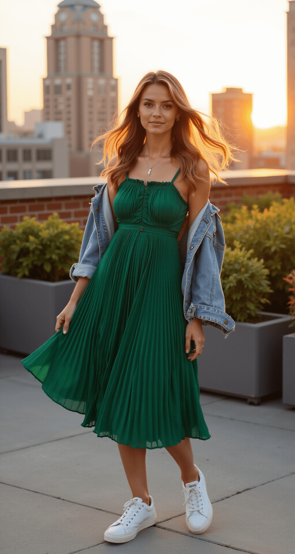 A model twirls in an emerald green pleated midi dress with a ruched bodice, paired with white sneakers and a denim jacket, against a city skyline at sunset. Her hair flows in a light breeze as golden hour light highlights the dress's fabric and movement.