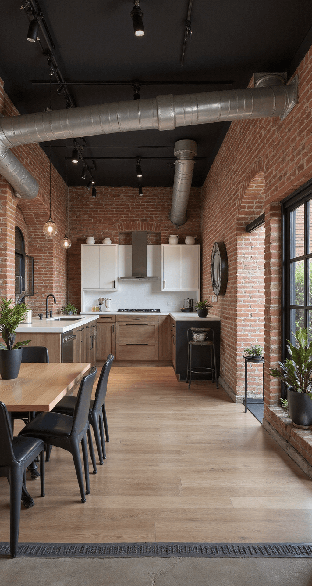 White Oak Kitchen Cabinets: Transform Your Kitchen with Timeless Elegance and Durability Open concept kitchen featuring stained white oak cabinets with blackened steel hardware, exposed brick walls, and metal ductwork. The space is well-lit with dramatic track lighting, styled with black ceramics, steel accessories, and architectural plants. A rich palette of deep oak tones, black steel, brick red, and charcoal enhances the industrial luxe aesthetic.
