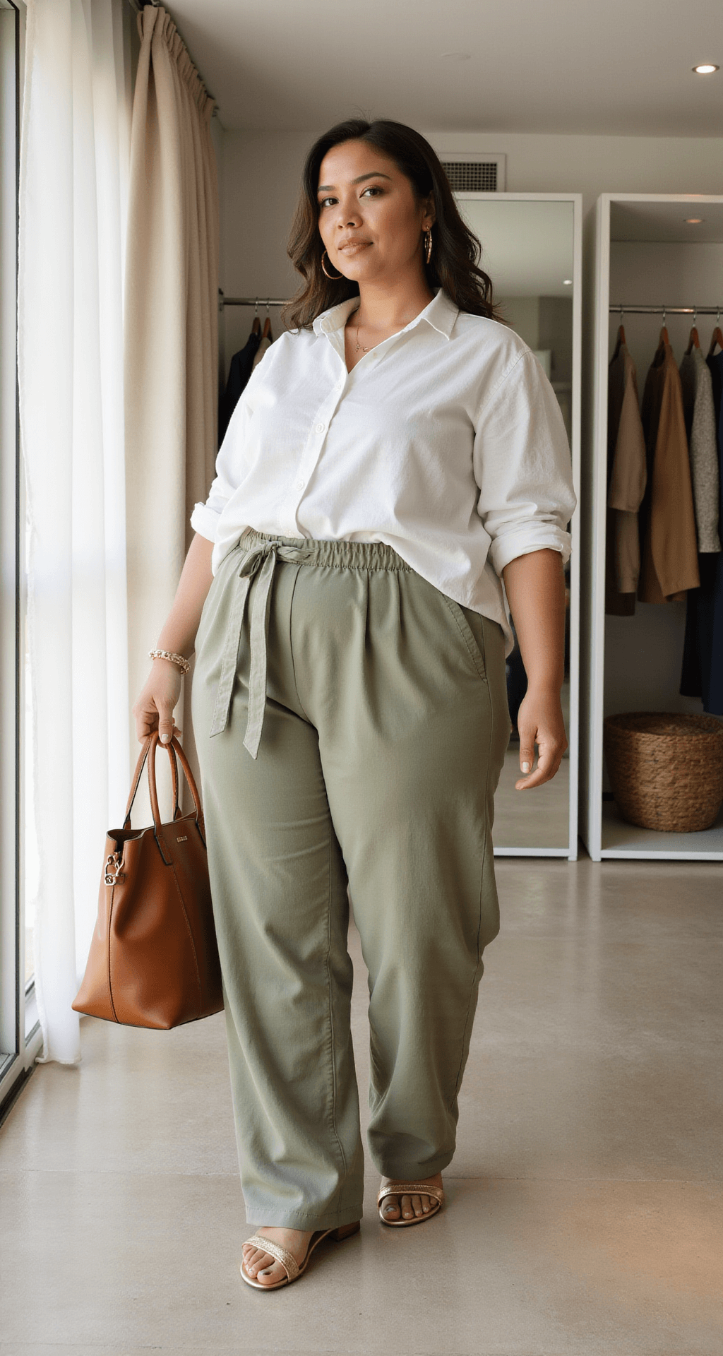 A plus-size model confidently wearing a white linen button-down shirt and sage green high-waisted wide-leg pants in a sunlit boutique dressing room, surrounded by floor-to-ceiling mirrors. A cognac leather tote and gold sandals are nearby, with natural light streaming through sheer curtains.
