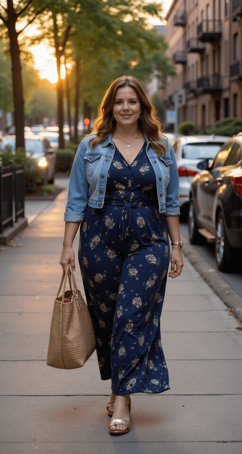 A confident plus-size model walking down a brownstone-lined street during golden hour, wearing a deep navy floral maxi dress layered with a cropped denim jacket, carrying an oversized woven tote, captured from a low angle with a warm evening light glow.