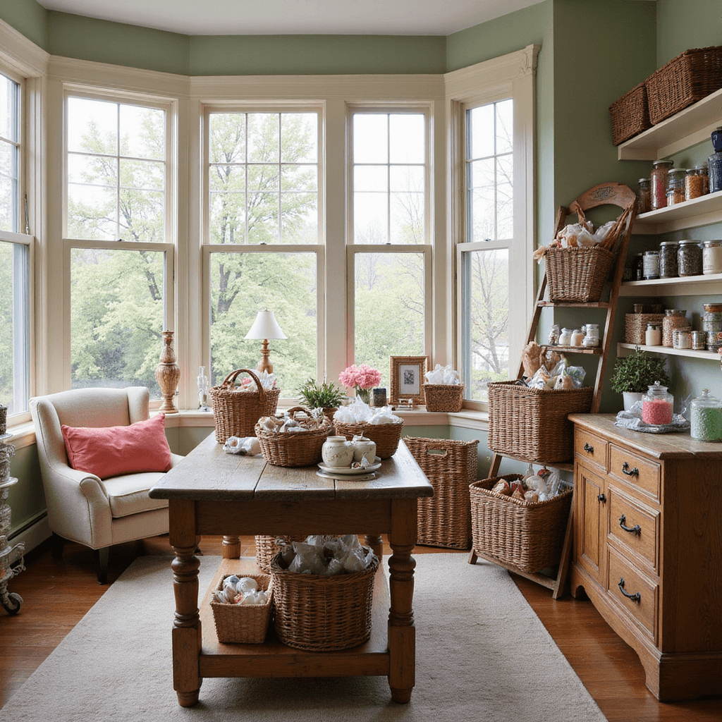 Interior of a cozy craft room with large bay windows, featuring a weathered oak work table surrounded by gift basket supplies, stacked wicker baskets, colorful ribbon spools, and shelves of artisanal items, all in warm creams and sage greens with coral accents, creating a welcoming atmosphere.