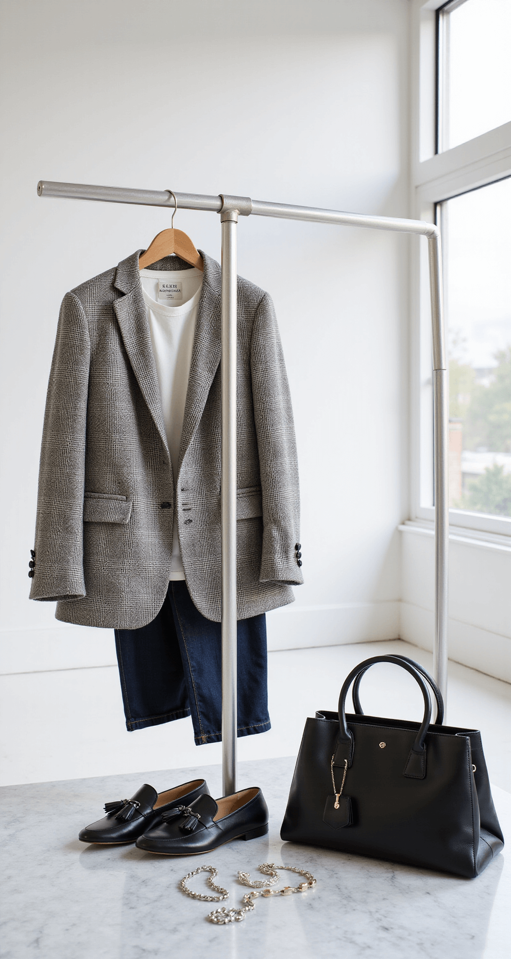 A minimalist studio space with ample natural light showcases a plaid wool blazer over a white t-shirt on a clothing rack, dark wash denim and black loafers arranged below, and silver jewelry along with a structured black handbag on a marble surface, captured from a 45-degree angle.