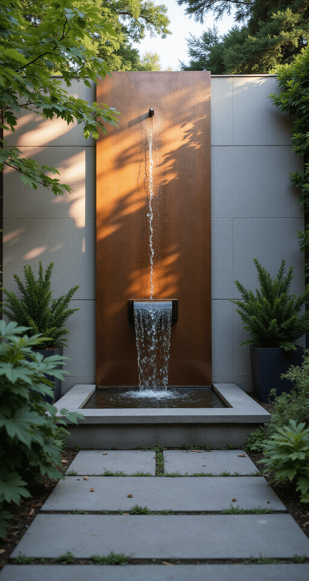 A wide-angle shot of a contemporary courtyard garden featuring a dramatic 6' weathered copper wall fountain, with water cascading down a textured slate-grey wall into a serene collection pool below, illuminated by indirect sunlight and uplighting. Japanese maples surround the area, casting dappled shadows, while minimalist concrete pavers lead to the fountain, capturing cool tones and copper patina accents at golden hour.