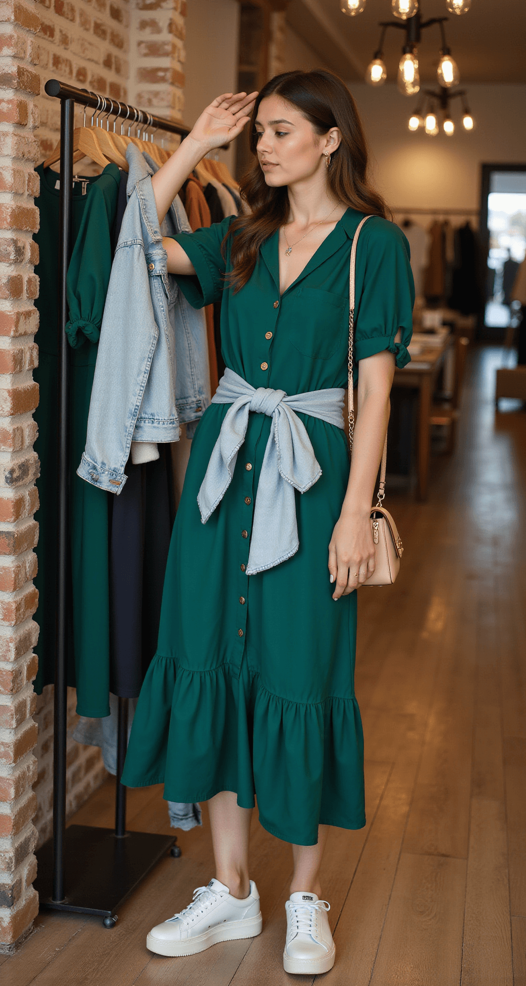 A model in a flowy emerald green midi dress and sneakers examines clothes on a rack in a boutique with natural brick walls and wooden floors, with a light wash denim jacket tied at her waist and a soft leather crossbody bag nearby, under atmospheric store lighting.