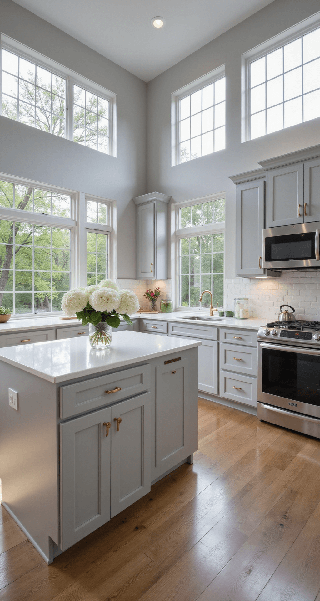 Spacious modern kitchen with dove grey shaker cabinets, white quartz countertops, and stainless steel appliances, featuring an L-shaped layout, a large island with fresh hydrangeas, and natural oak flooring, all illuminated by morning light through floor-to-ceiling windows.