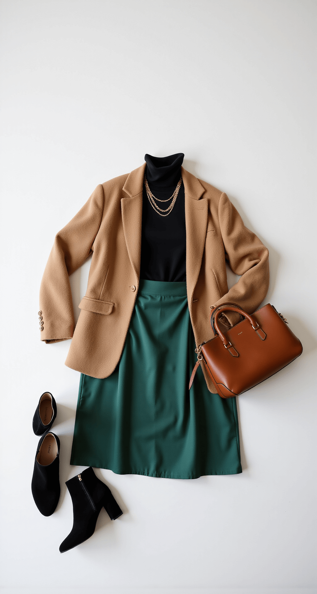 Flat lay of a styled outfit featuring a forest green silk midi skirt, black fitted turtleneck, and camel oversized wool blazer, complemented by gold-toned jewelry, black suede ankle boots, and a structured leather handbag, all set in a minimalist white studio with soft, diffused lighting.