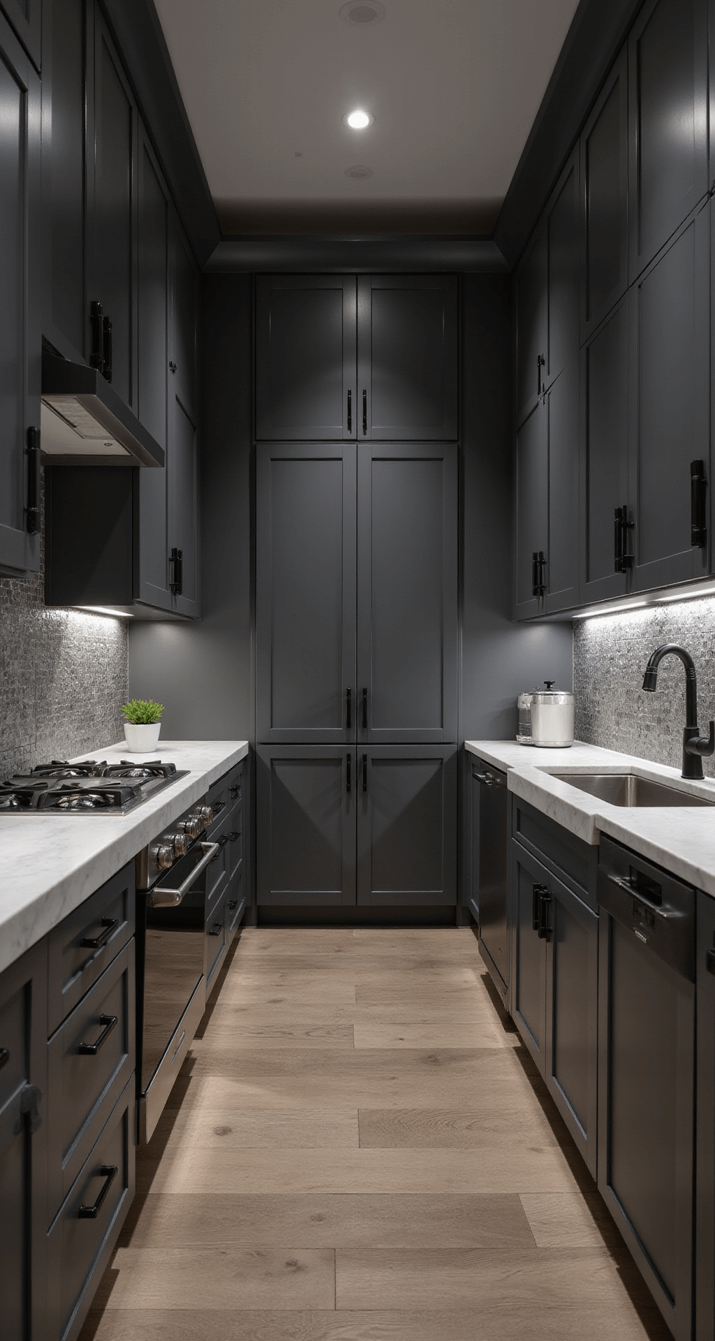 Dramatic interior of a galley kitchen at dusk, featuring high-gloss charcoal grey cabinets, white marble countertops, and a textured grey ceramic backsplash, all illuminated by under-cabinet LEDs and accent lighting for a moody atmosphere.