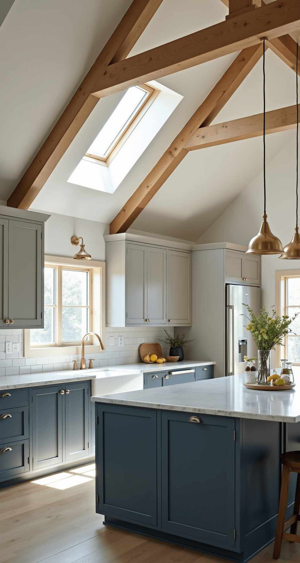 Brightly lit kitchen with two-tone cabinetry in light dove grey and deep blue-grey, featuring a vaulted ceiling with exposed wooden beams, brass pendant lights over a grey quartz island, and a white subway tile backsplash extending to the ceiling, all illuminated by sunlight streaming through skylights.