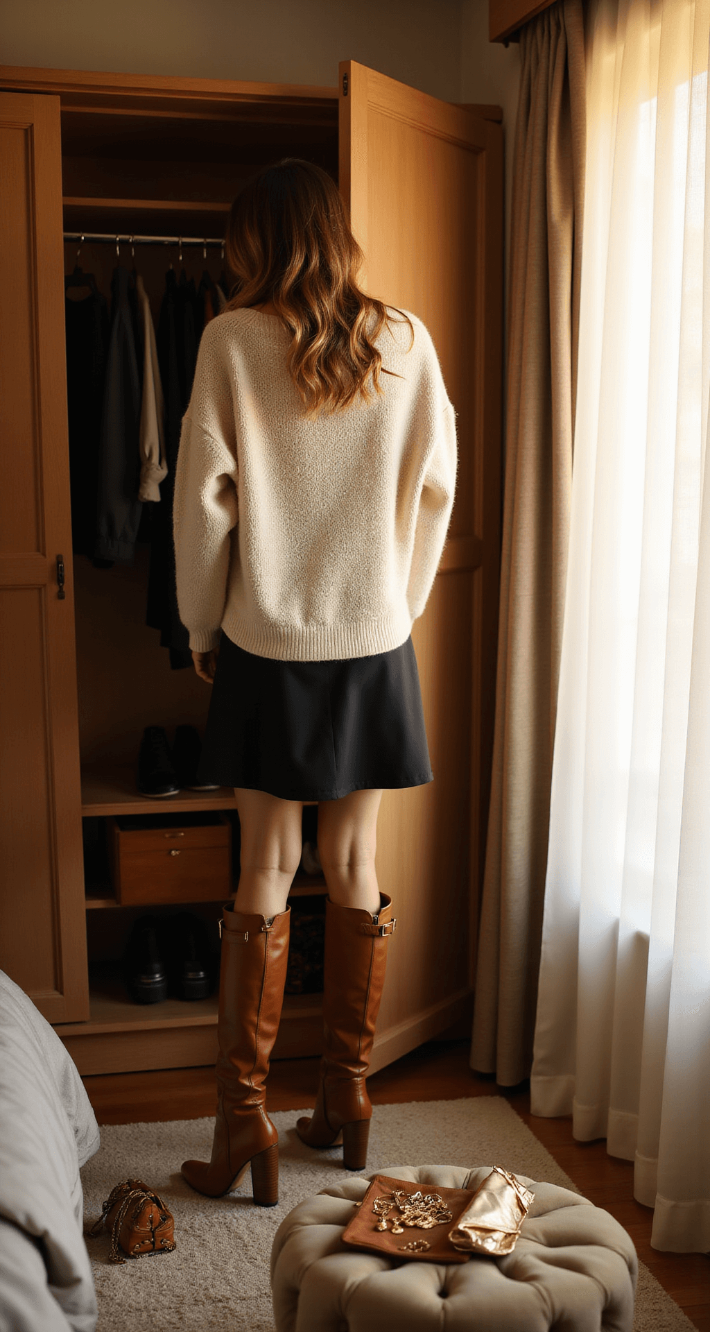 A cozy bedroom at golden hour features warm light filtering through sheer curtains. A woman is layering a cream cashmere sweater over a black silk slip dress in front of an open wardrobe. Rich brown knee-high boots are nearby, alongside gold jewelry and a small quilted bag on a velvet ottoman, capturing an intimate styling moment for a night-out look.