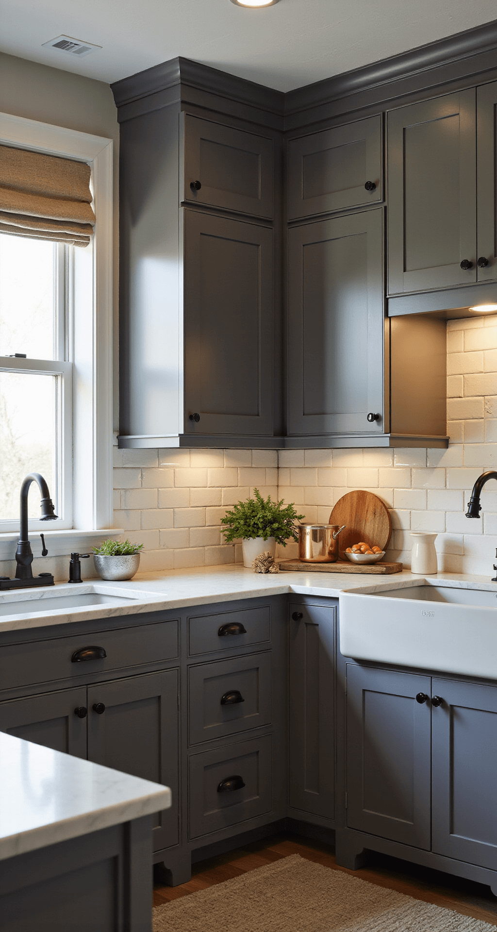 Intimate corner view of a modern farmhouse kitchen featuring smoky grey cabinets, white marble counters, and pale grey farmhouse sink, illuminated by golden hour light filtering through cafe curtains, with copper cookware and fresh herbs styled decoratively.