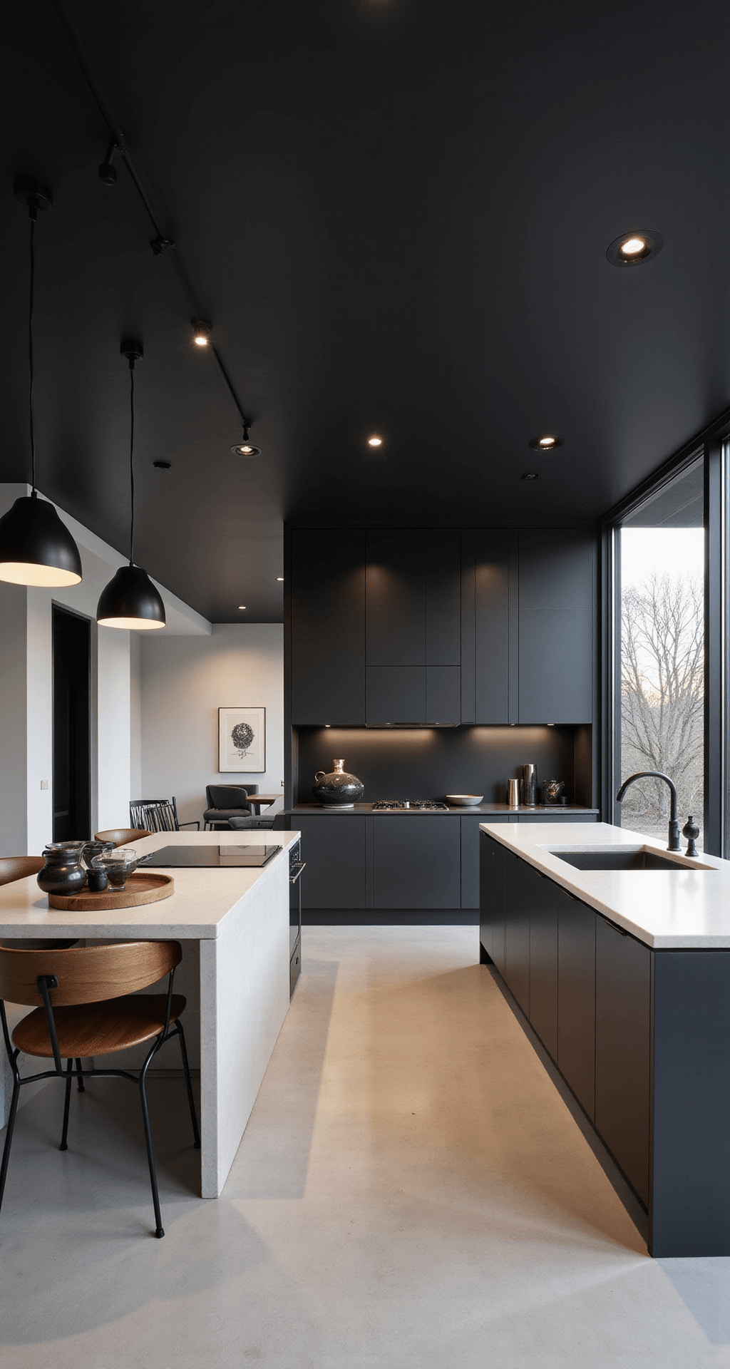 Contemporary open-concept kitchen featuring a 10ft flat black ceiling, floor-to-ceiling charcoal grey cabinets, and a bright white waterfall quartz island, with dramatic evening lighting from modern black pendant fixtures, styled minimally with geometric ceramics and metallic accents.