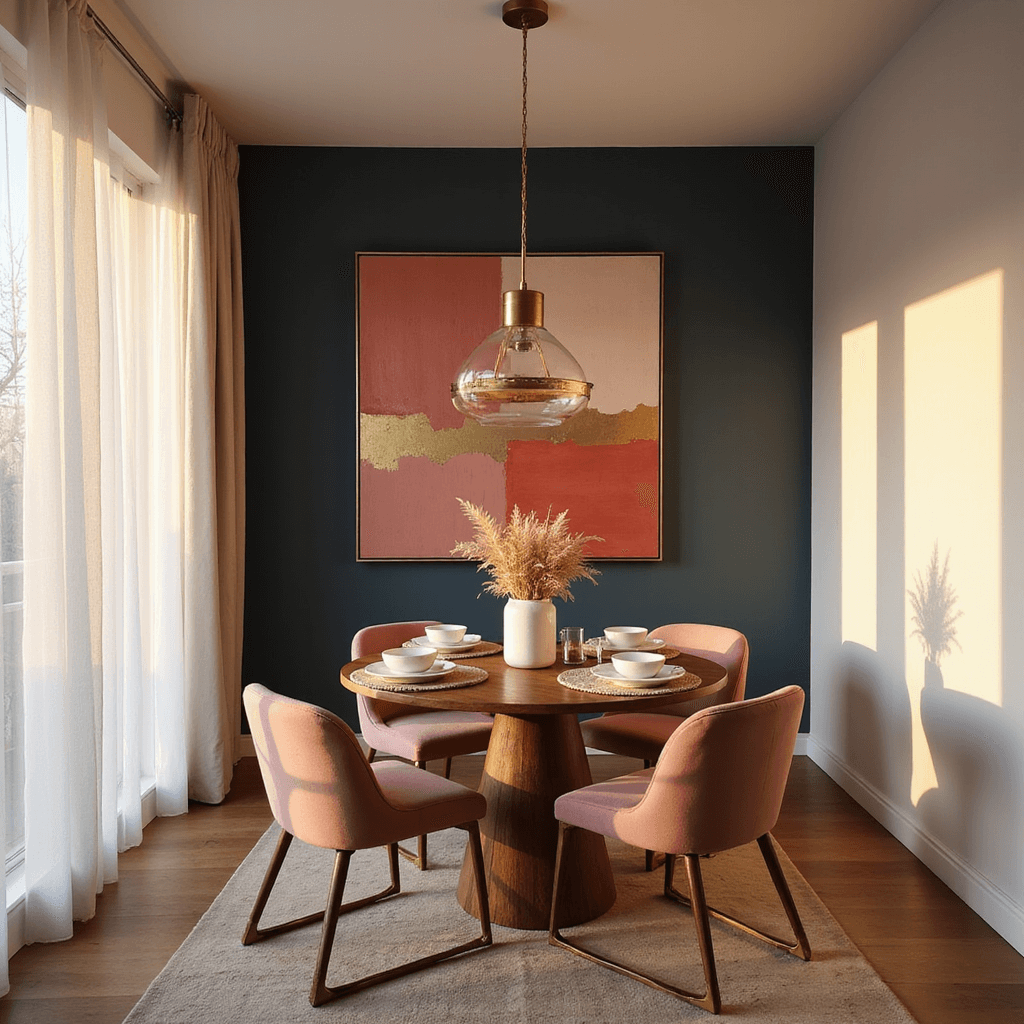 Cozy dining area in a 12x14ft apartment at golden hour, featuring a round walnut table with brass accents, surrounded by dusty rose velvet chairs. Sunlight filters through sheer curtains, casting shadows on a navy accent wall adorned with coral and gold abstract art. A modern brass pendant light hangs above, with white ceramic plates and linen napkins styled on the table, complemented by a low pampas grass arrangement.