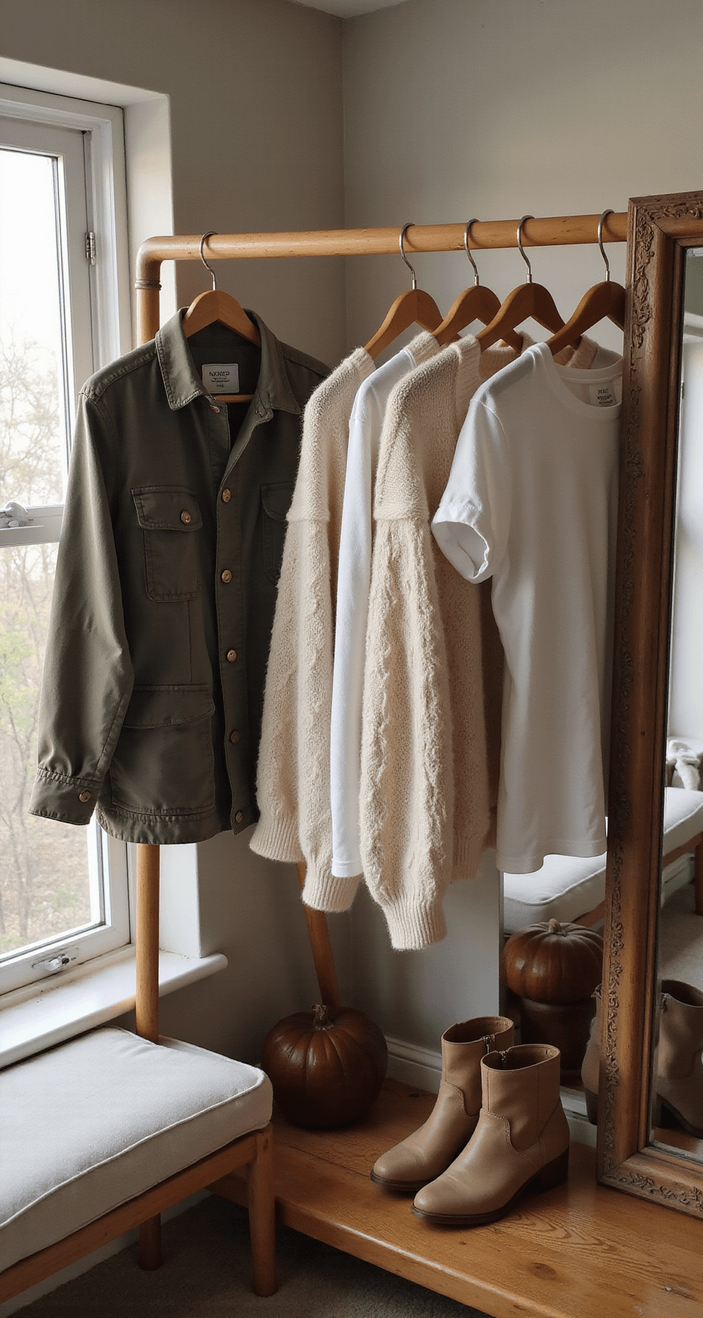 Cozy bedroom corner with warm lighting, featuring a fall capsule wardrobe of olive utility jackets, cream cable knit sweaters, and white tees on wooden hangers. Tan suede ankle boots are arranged below, with a vintage mirror reflecting natural light in an intimate documentary style.