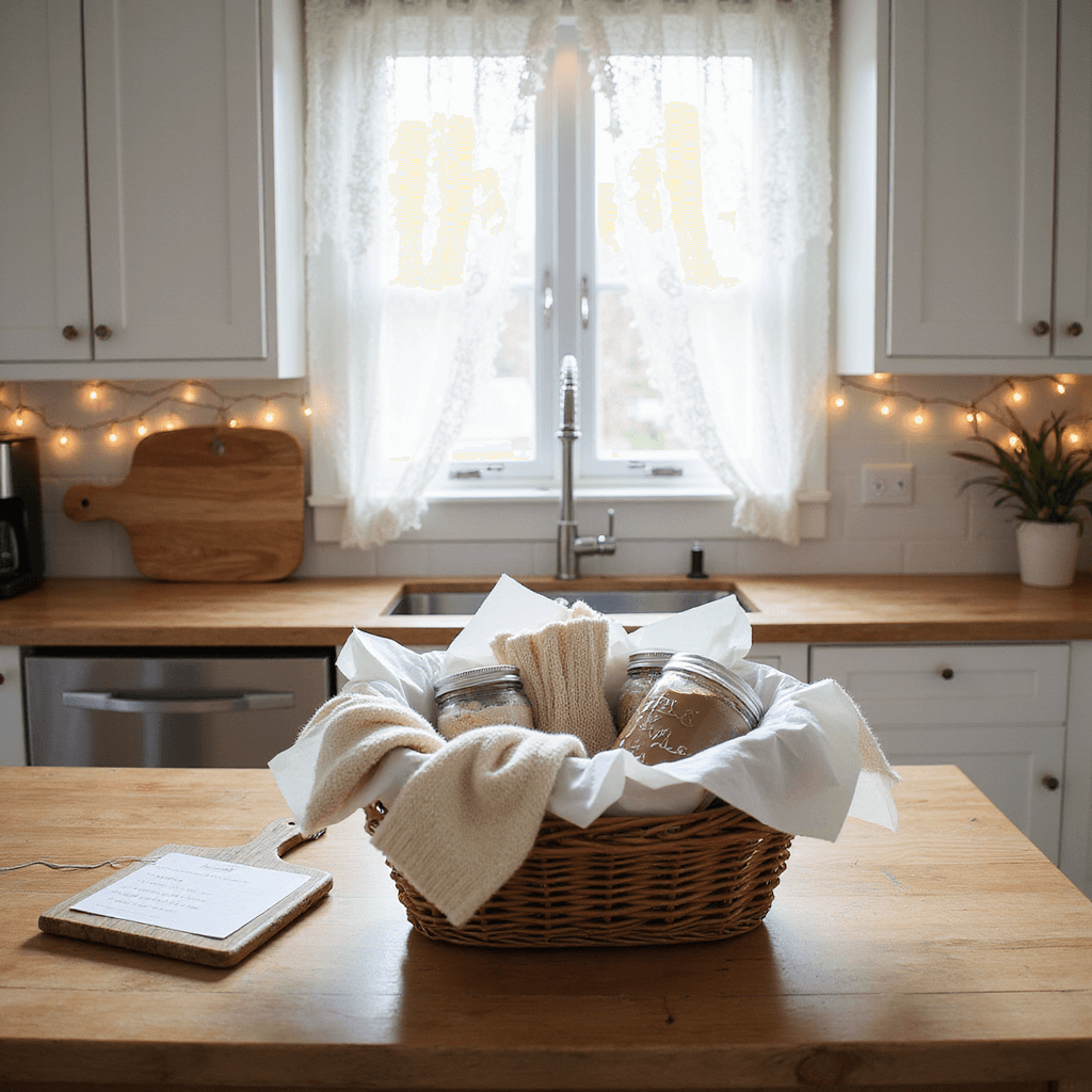 A sunlit kitchen featuring white shaker cabinets and butcher block countertops, with a DIY 'Snow Day Survival Kit' displayed on the island under lace curtains. A wicker basket with tissue paper holds homemade hot chocolate mix and cookie ingredients, complemented by cream-colored knit socks. Fairy lights add warmth, and a handwritten recipe card rests on a wooden cutting board. The scene is captured from a slightly elevated angle, creating a soft focus on the background.