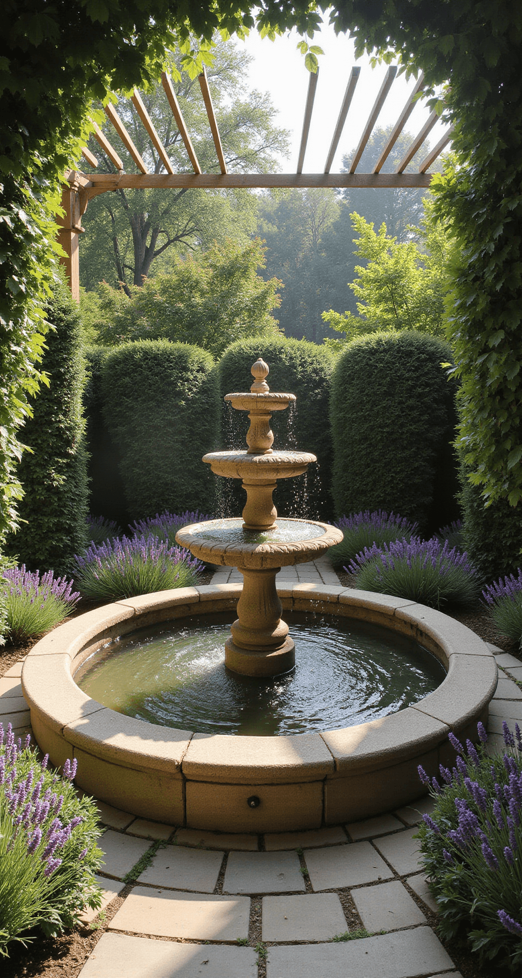 Eye-level view of a circular garden room featuring a classic three-tier limestone fountain at its center, surrounded by lavender and boxwood. Sunlight streams through an overhead pergola, creating dramatic light patterns on the weathered limestone surface. The fountain's water cascades between tiers, reflecting warm Mediterranean colors with purple and sage accents.