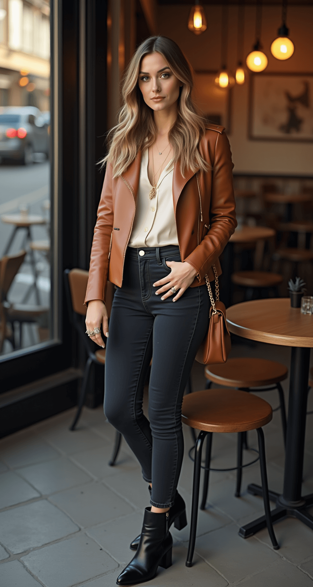 A model in a cream silk blouse and cognac leather jacket sits in a vintage café at dusk, illuminated by warm bistro lights. She wears dark wash high-waisted jeans, black pointed-toe boots, and carries a structured bag. Delicate gold rings and a pendant necklace accent her outfit, as reflections of the street blend with the cozy interior seen through the café windows.