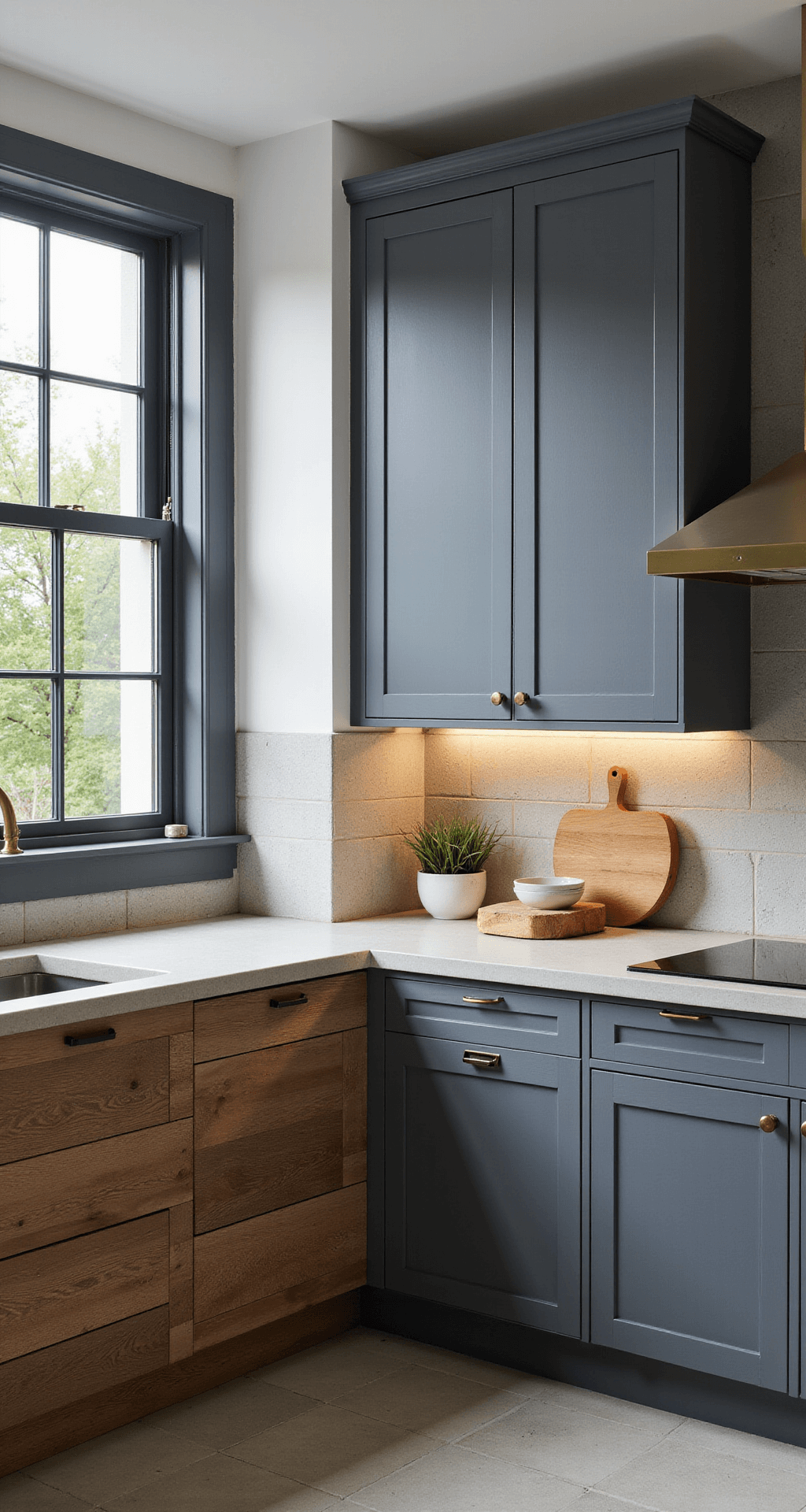 Airy corner kitchen featuring mixed material grey cabinets with textured wood grain lowers and smooth blue-grey painted uppers, framed by industrial-style black metal windows overlooking a garden. Concrete countertops and brass hardware offer an industrial yet warm feel, complemented by natural elements and ceramics, illuminated by morning light and soft fill lighting.