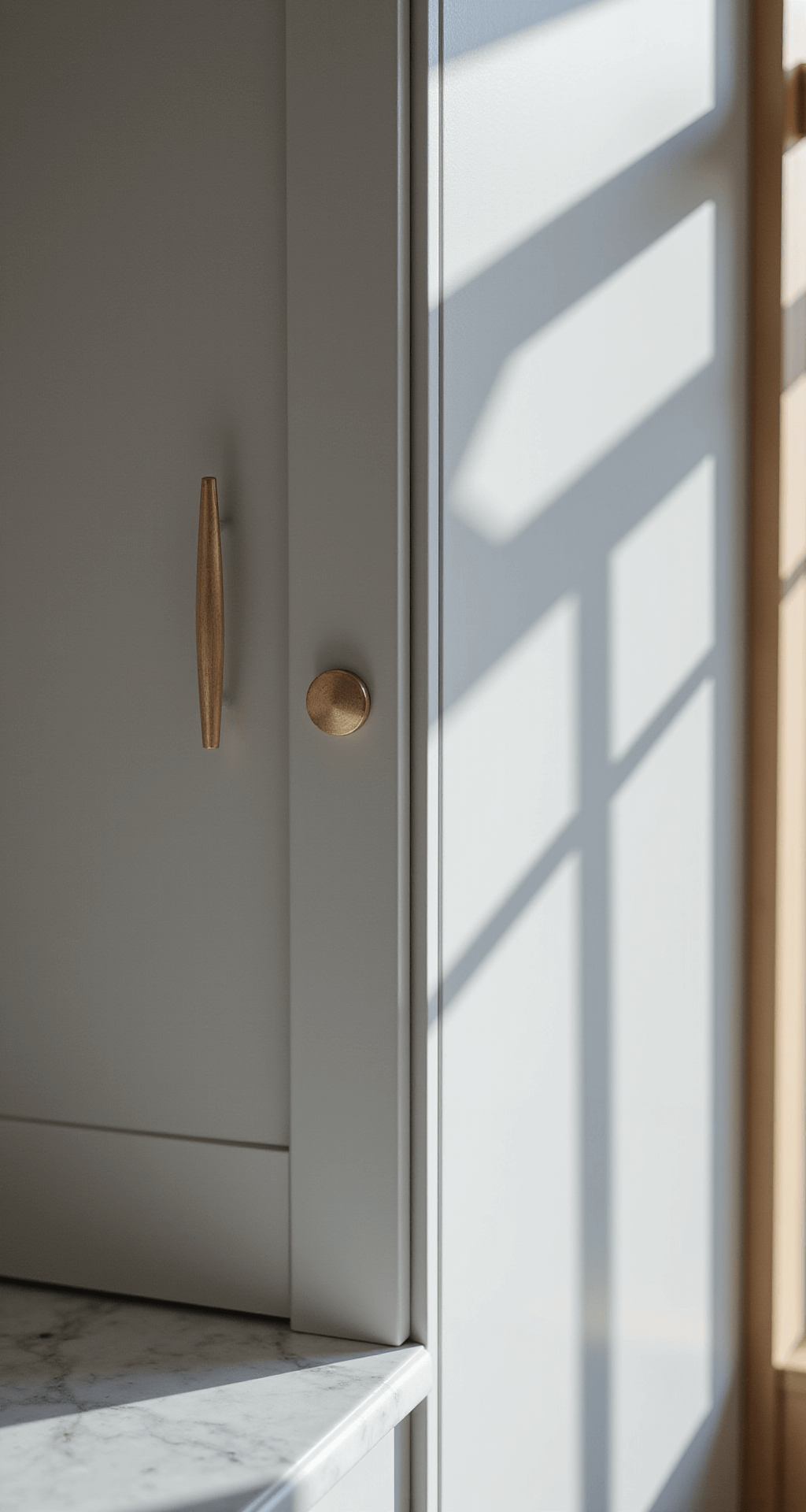 Detail shot of a high-gloss light grey cabinet front with an integrated handle, showcasing sleek surface texture and subtle color variations, complemented by a white marble countertop and side lighting, captured in soft afternoon natural light.