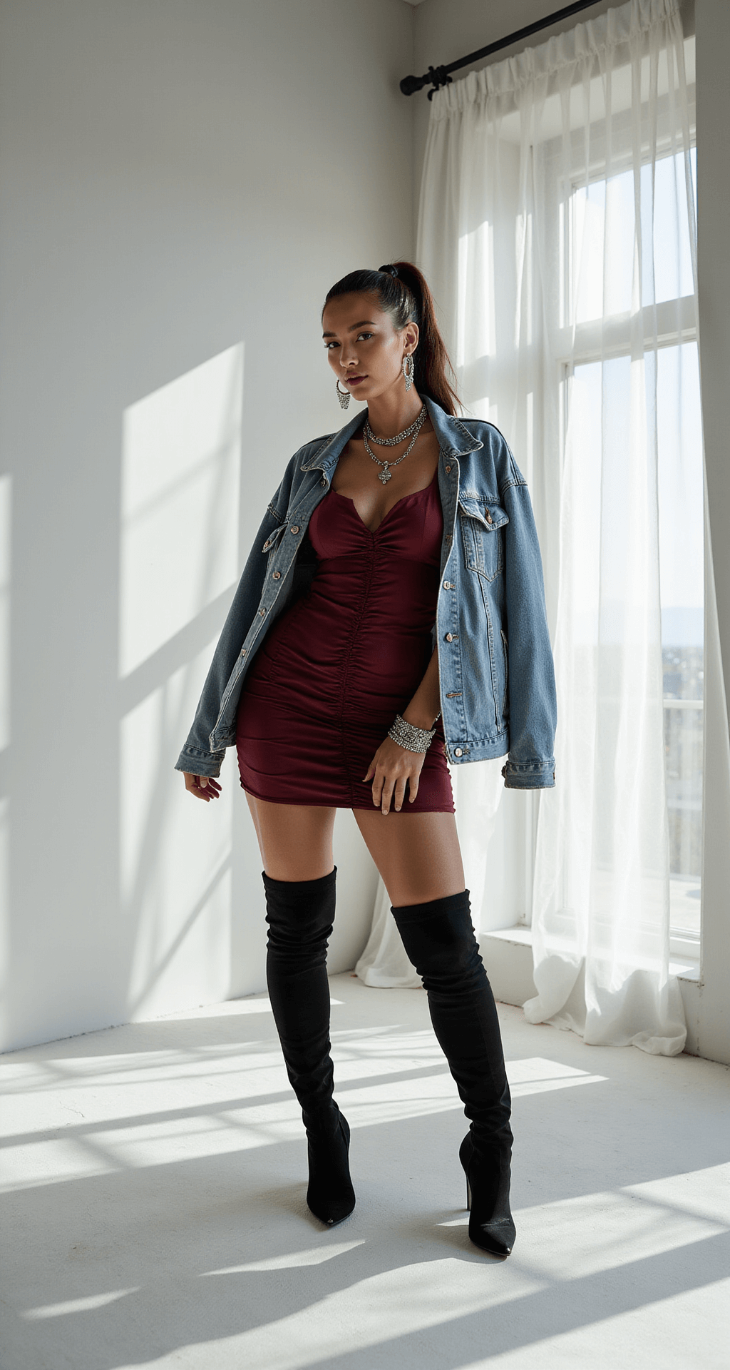 A model in a ruched burgundy bodycon dress and oversized distressed denim jacket poses in a minimalist white studio with sheer curtains, showcasing chrome accessories, thigh-high black boots, and a sleek high ponytail, captured from a low angle with soft diffused lighting.