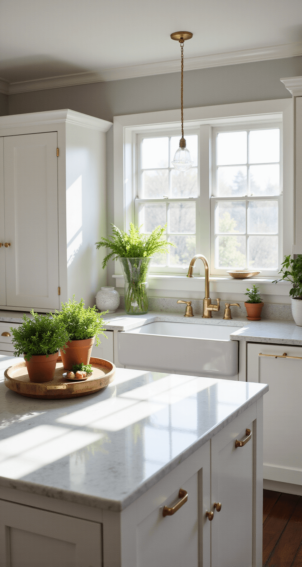 A bright kitchen featuring white Shaker-style cabinets, a farmhouse sink, and a marble island with fresh herbs, illuminated by morning sunlight and accented with brass hardware.