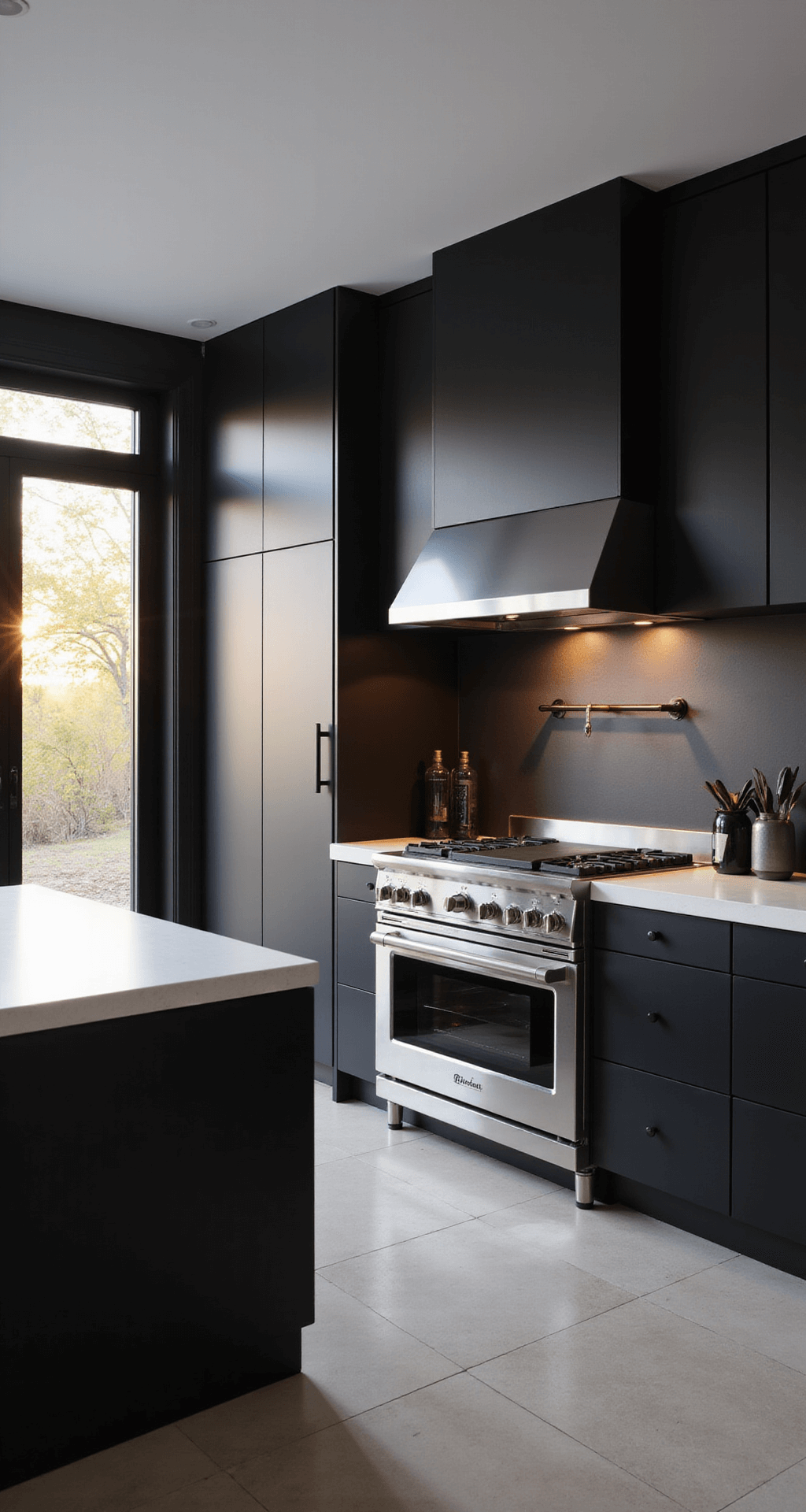 Modern minimalist kitchen featuring matte black cabinets, stainless steel appliances, and white quartz countertops, illuminated by late afternoon light through large windows, with a focused view on the kitchen island.