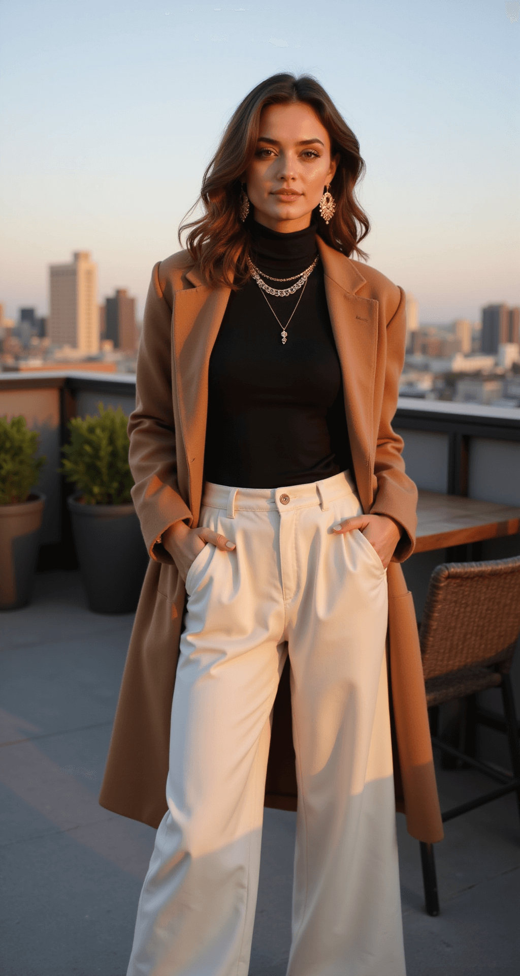 A model in a black turtleneck and cream palazzo pants, topped with an oversized camel coat, poses on a modern rooftop lounge with a city skyline at sunset. She accessorizes with gold-toned oversized hoops and layered necklaces, her loose waves highlighted by golden rim lighting.