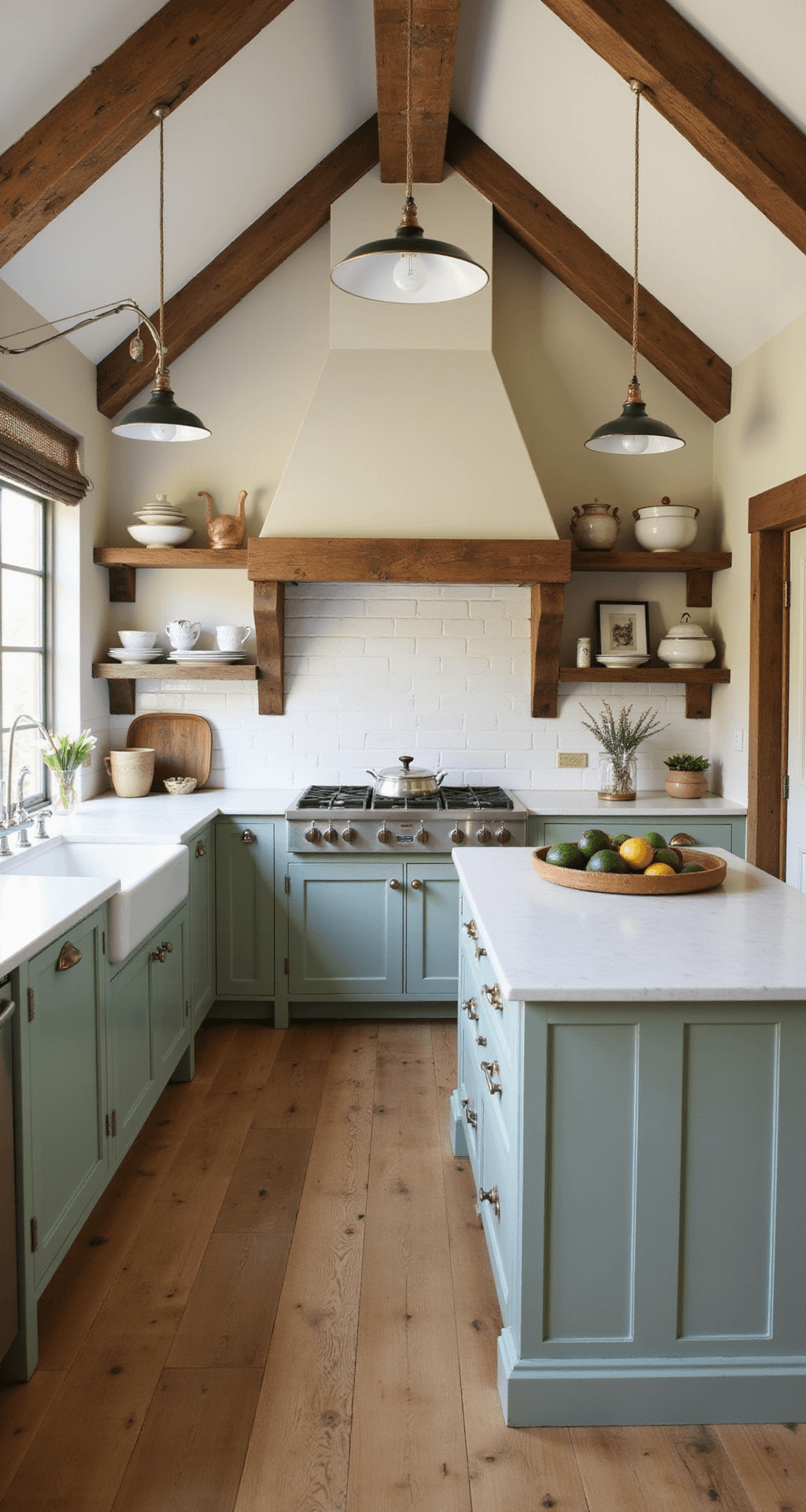 A cozy farmhouse kitchen featuring sage green cabinets, rustic wood beams, vintage pendant lights, open shelving with ironstone pottery, and wide plank oak floors, captured from an elevated perspective to showcase its pastoral charm.