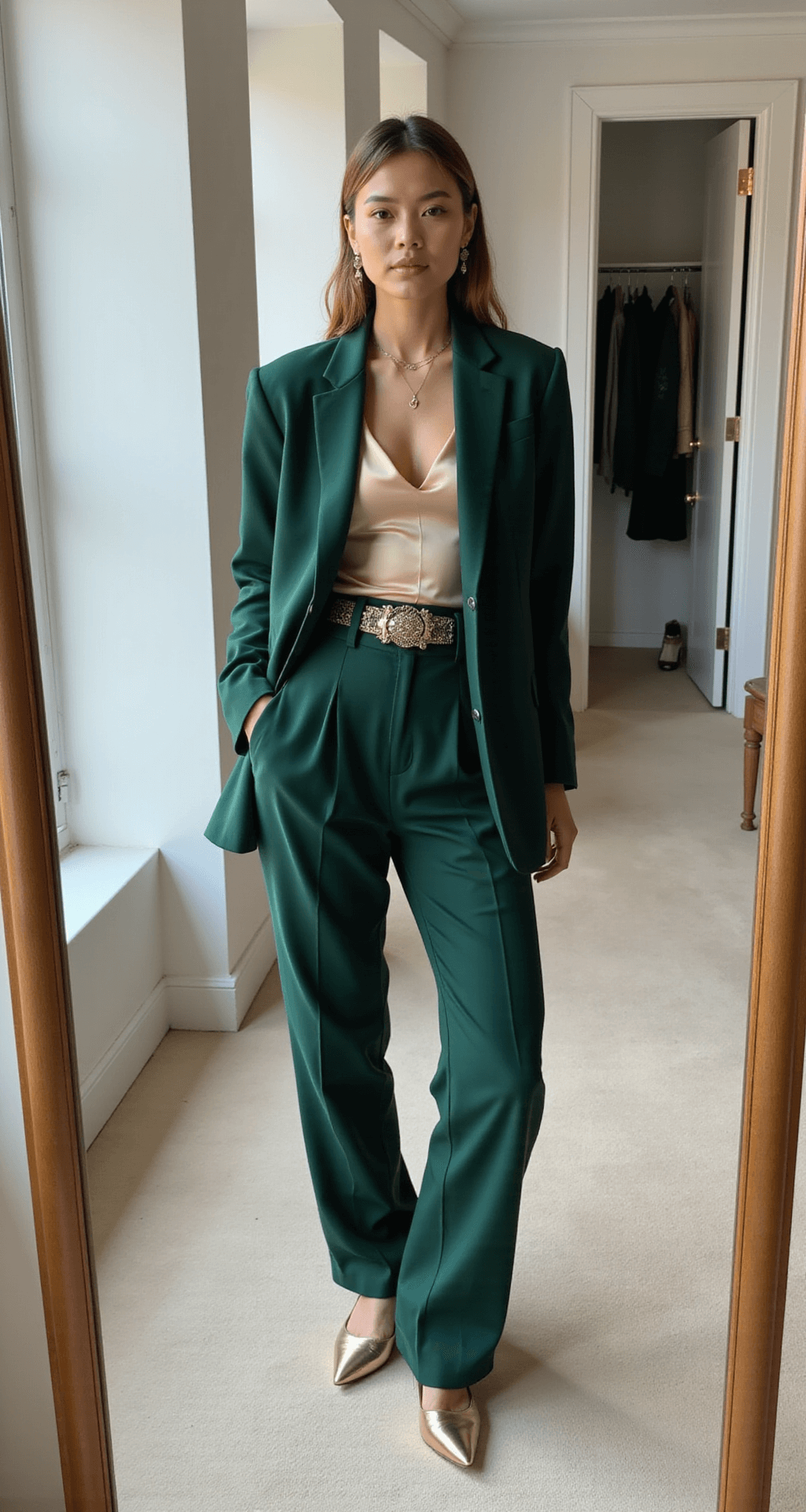 A model wears a forest green power suit over a silk champagne bodysuit, styled with a statement belt and metallic pointed mules, standing in a bright walk-in closet with floor-to-ceiling windows, as reflected in a full-length mirror.