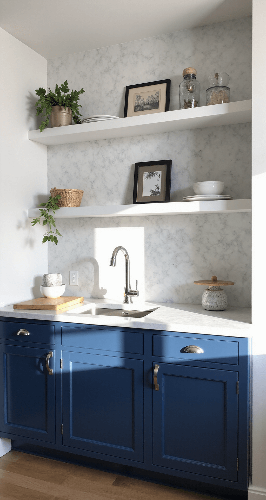 A contemporary kitchen featuring navy blue lower cabinets and white upper cabinets, highlighted by mid-morning light casting shadows on a marble backsplash. Chrome fixtures and minimalist decor on floating shelves add to the coastal sophistication, captured from counter height to emphasize the cabinetry's leading lines.
