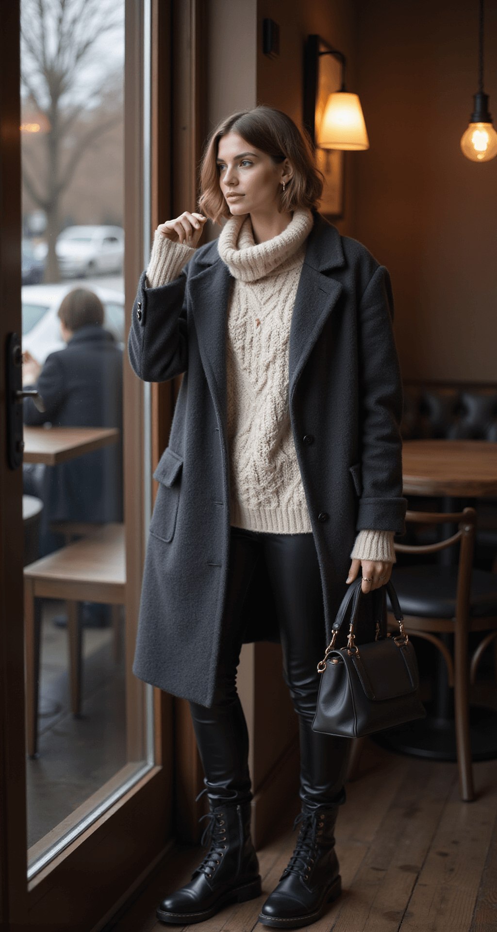 A cozy winter scene featuring a model in black leather pants and an oversized cream chunky knit sweater, layered with a charcoal wool coat. She wears combat boots and carries a structured handbag, surrounded by warm ambient lighting in an intimate coffee shop setting, with a dreamy, romantic atmosphere captured through window glass.