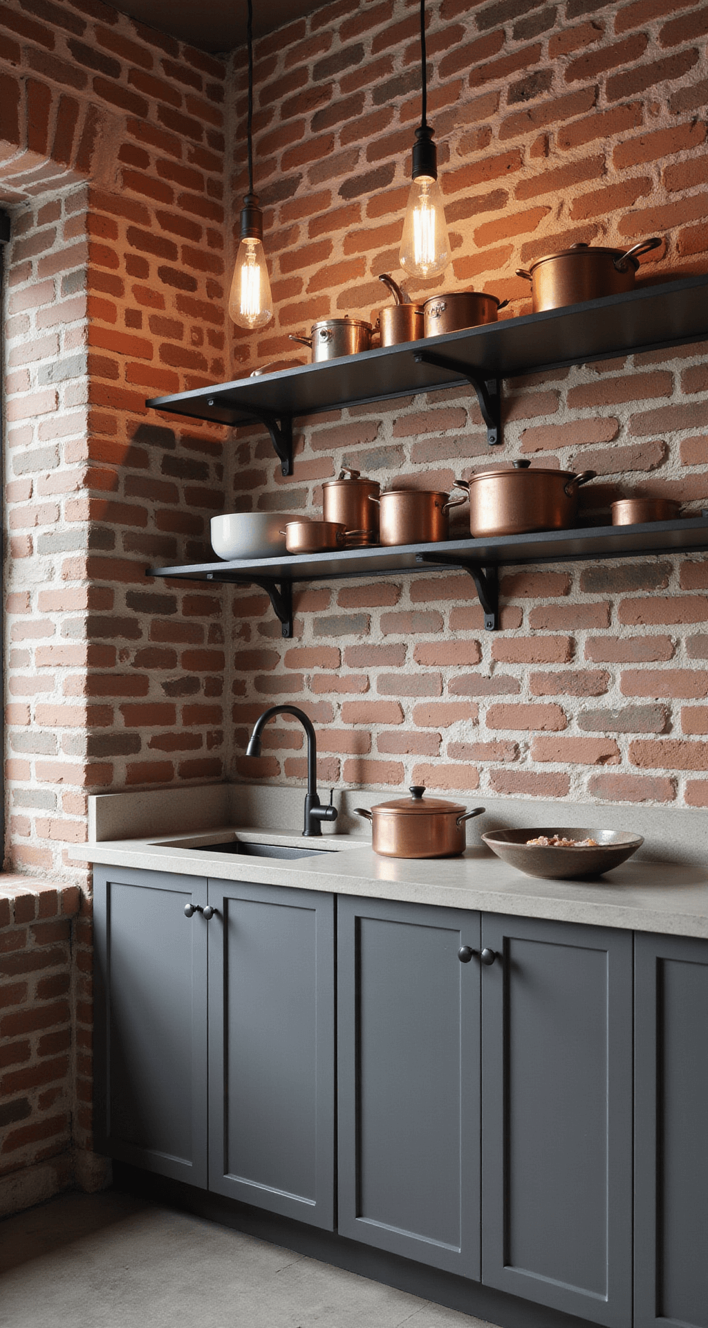 A corner view of a 13x15ft industrial-modern kitchen featuring an exposed brick wall, gray painted cabinets, and concrete countertops under warm pendant lighting, with black metal open shelving showcasing copper cookware, combining warm grays, rustic reds, and copper tones.