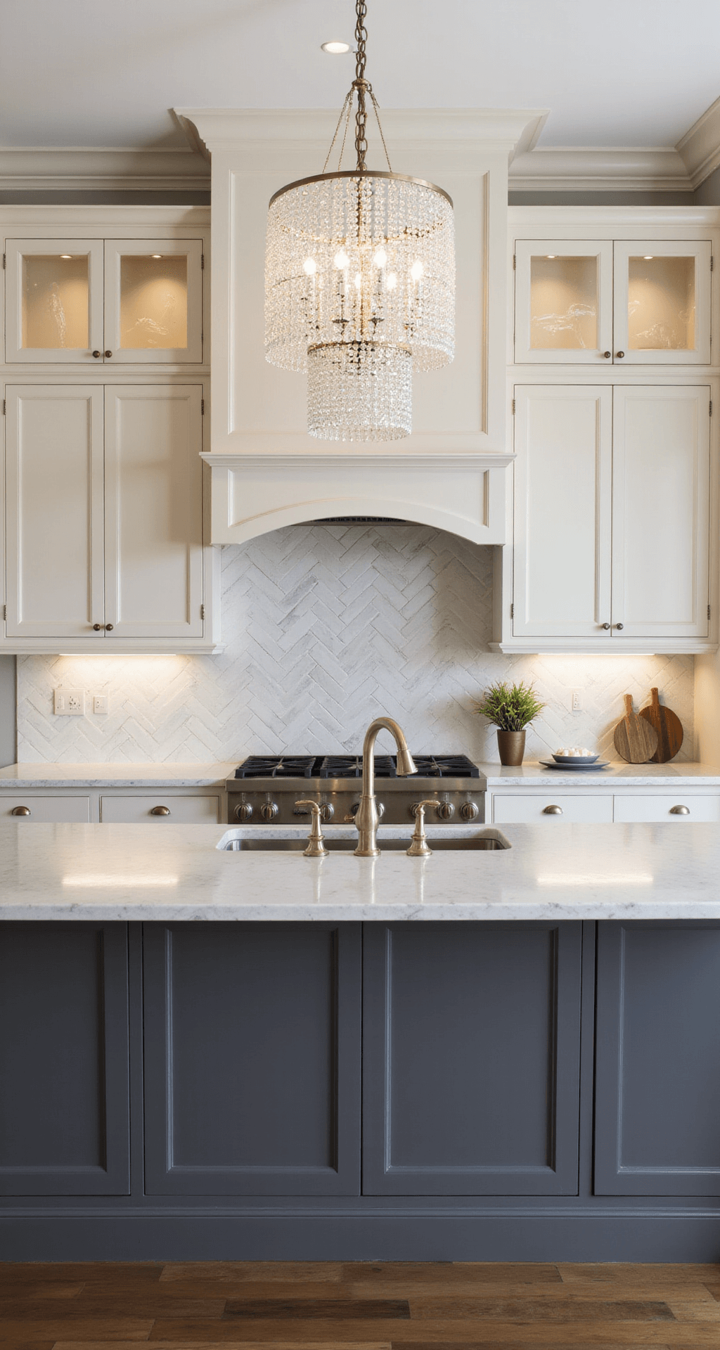 Transitional kitchen design, 12x14ft, featuring two-tone painted cabinets in cream and charcoal, a crystal chandelier over the island, and a herringbone marble backsplash, captured straight-on to highlight symmetry and elegance.