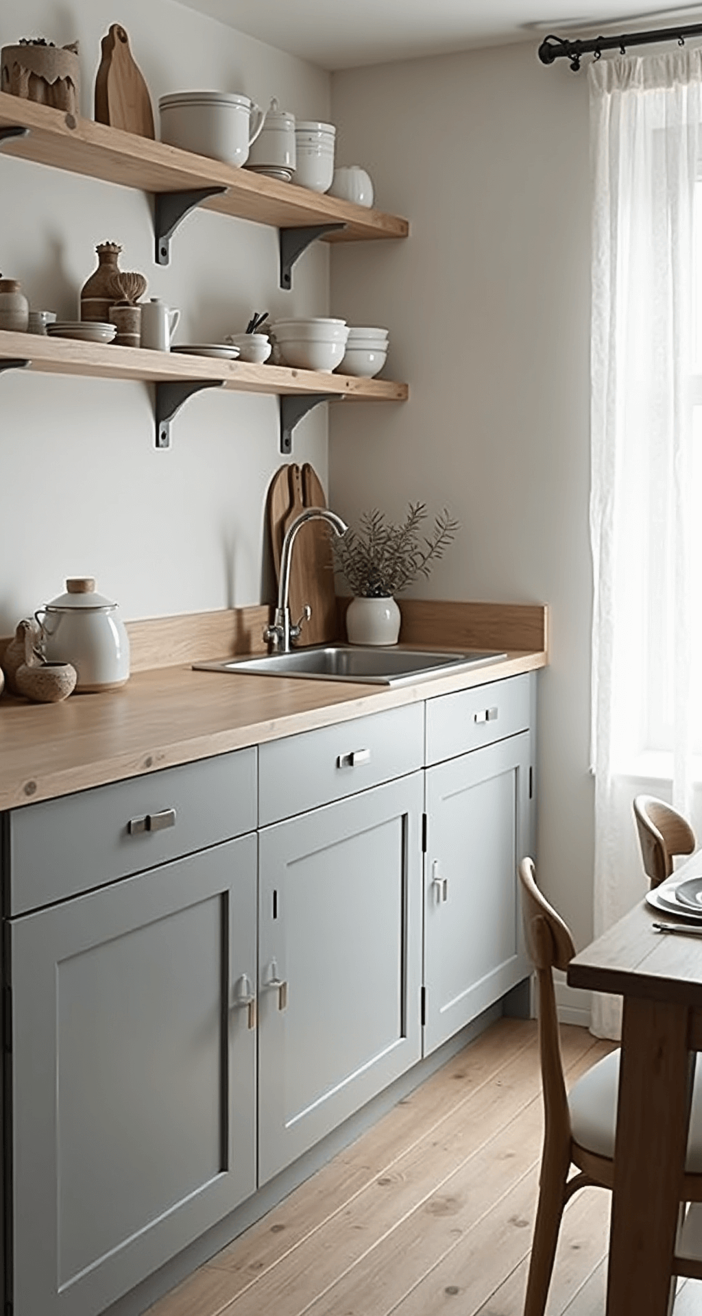 A Scandinavian-inspired kitchen featuring light gray painted cabinets, natural wood accents, and minimal styling. The scene captures diffused afternoon light through sheer curtains, highlighting white ceramics and pale wood cutting boards, shot from above to emphasize clean lines and organization.