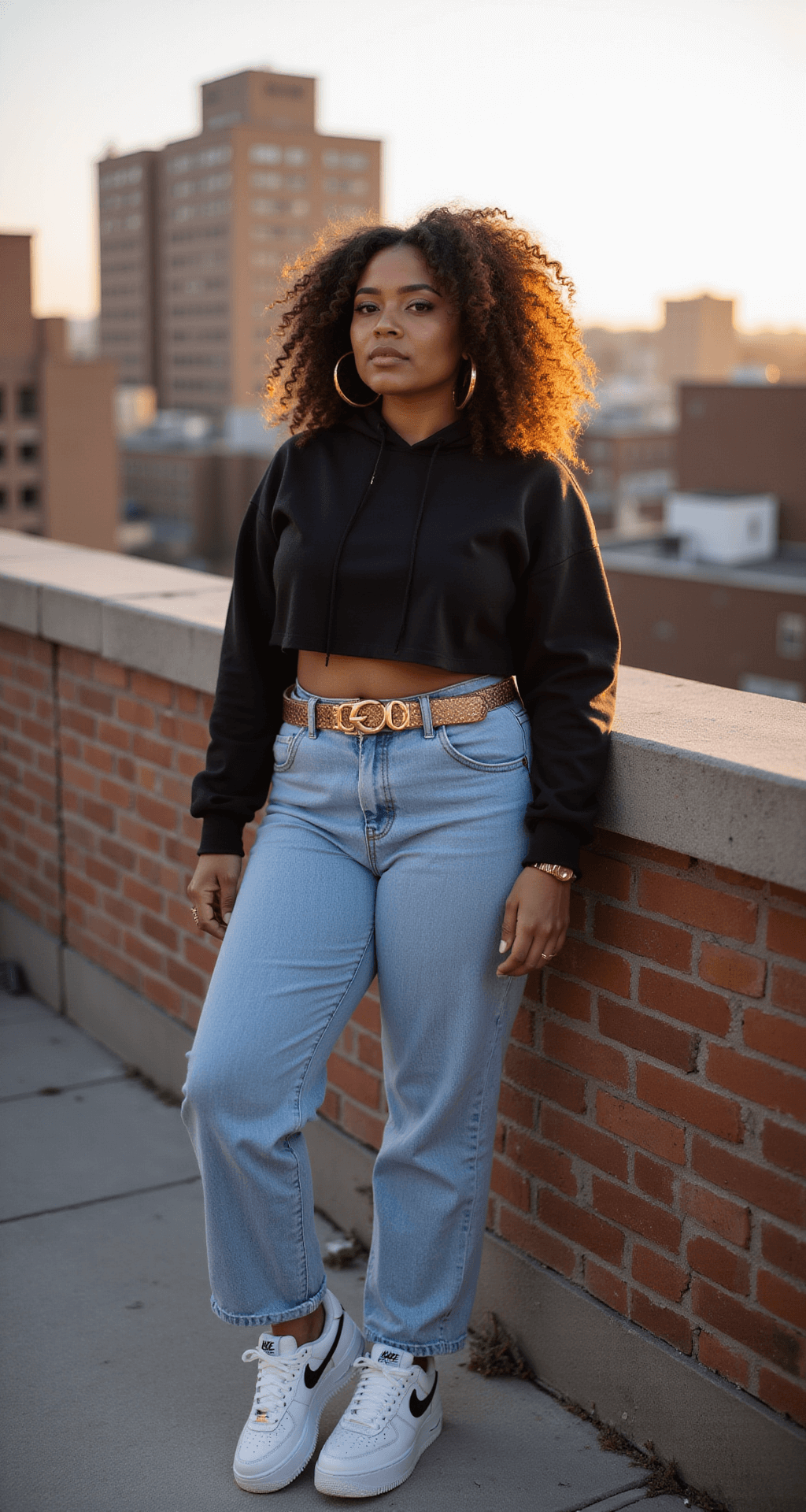 A curvy model in a fitted black crop hoodie and high-waisted light wash mom jeans stands against a brick wall at sunset. She wears platform Nike Air Force 1s and oversized gold hoop earrings, with her natural hair flowing in a slight breeze. A chunky gold belt accentuates her waist. The image, captured from street level, highlights the outfit details with a shallow depth of field.
